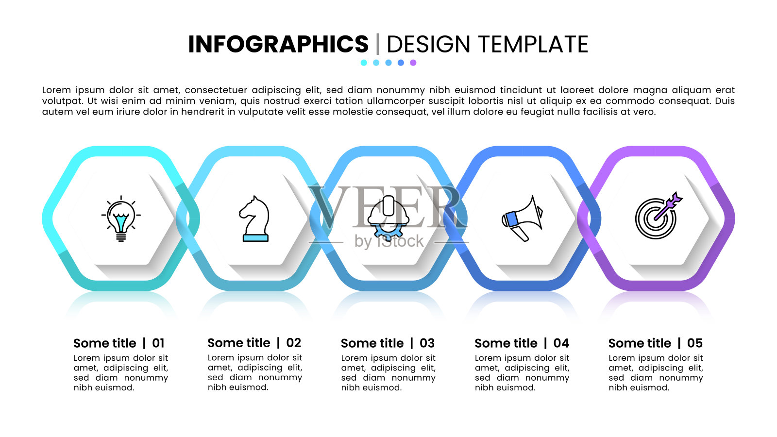 信息图表模板。5个连接的六边形排成一行，带有图标插画图片素材