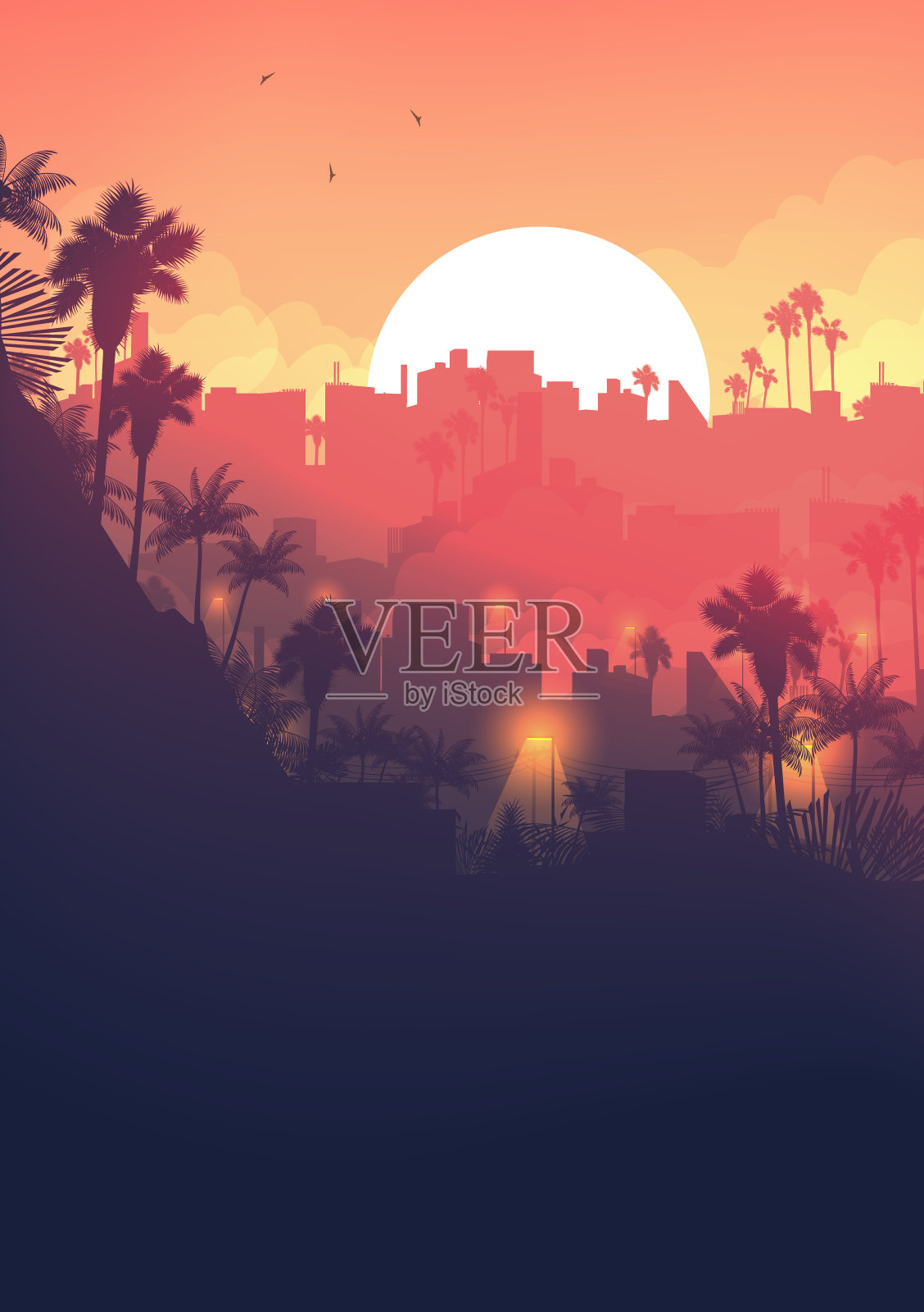 城市天际线在热带国家海报与棕榈树在日落插画图片素材
