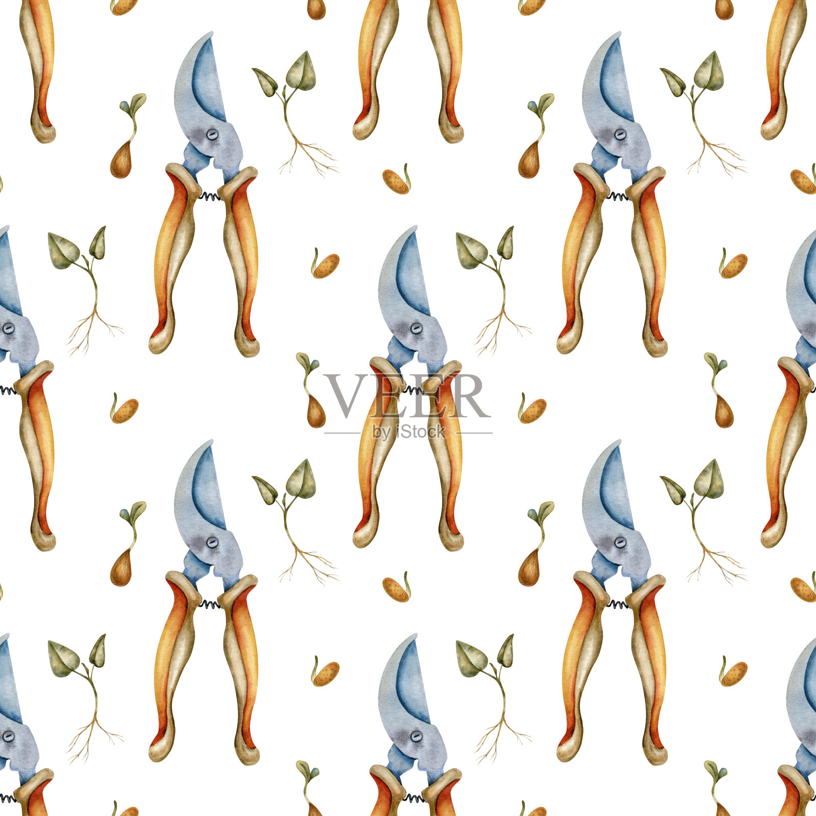 水彩园艺工具无缝图案，农家乐包装纸，蔬菜，复古元素，泥铲，耙子，剪枝，种子，土壤，有根植物，蚂蚁插画图片素材