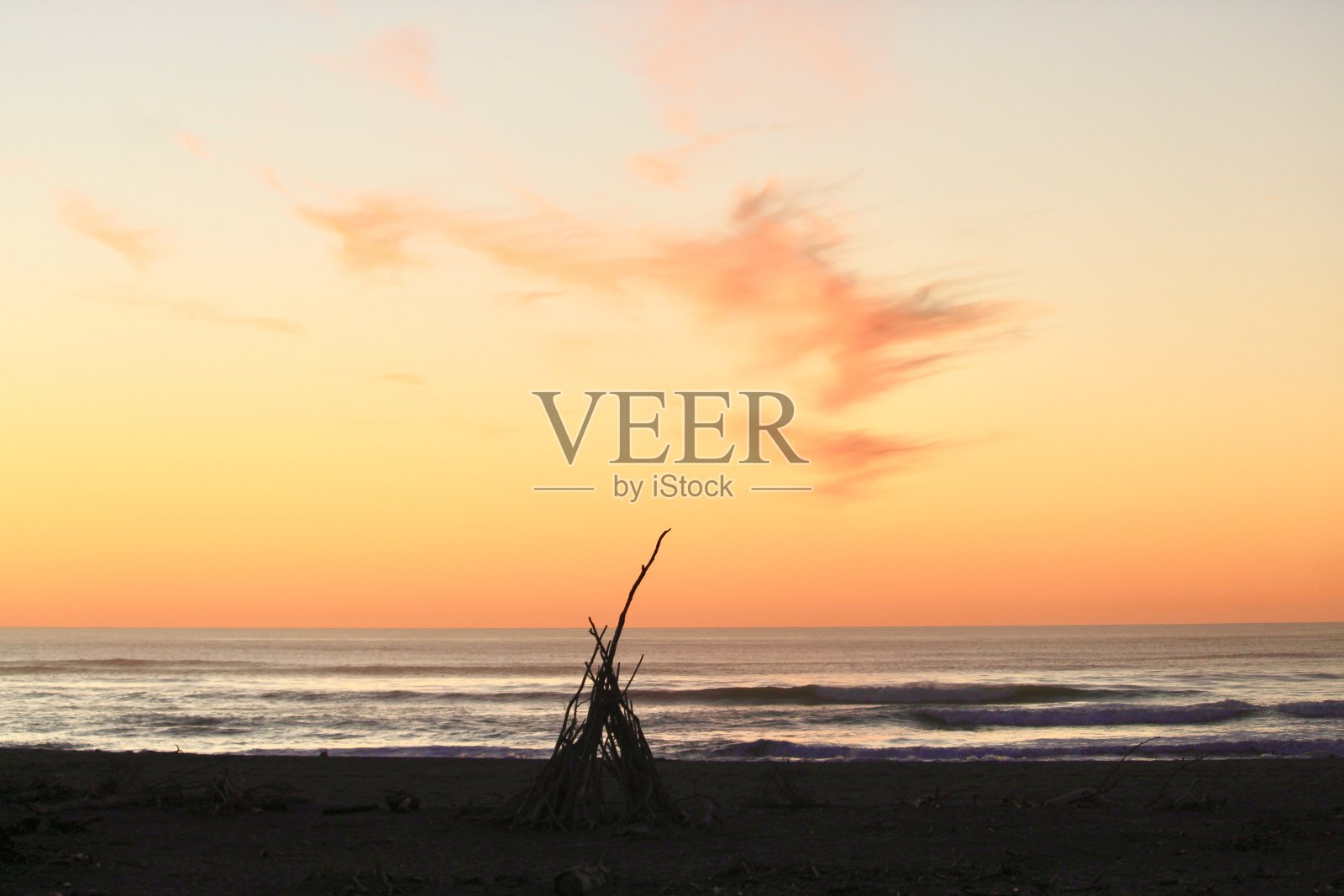 沙滩上孤零零的浮木结构，金色的天空。照片摄影图片