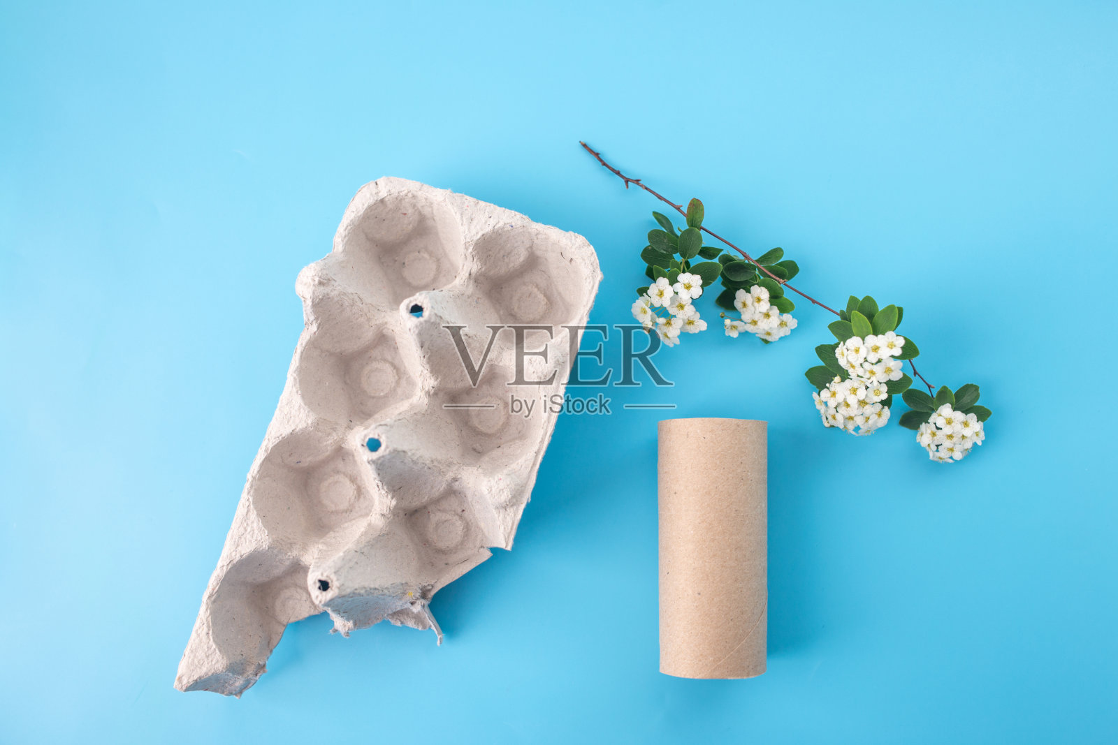 鸡蛋盘，白色的花，卫生纸卷，混合的手工制品照片摄影图片