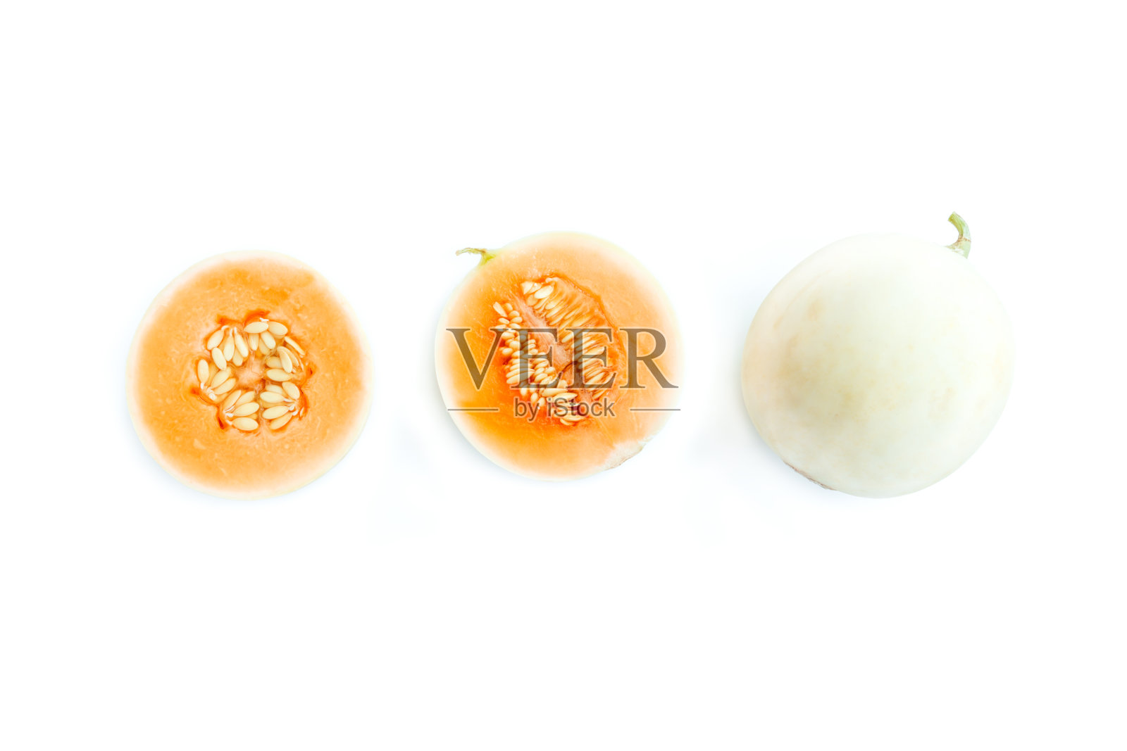 新鲜的哈密瓜，切成半片孤立在白色背景上，成熟的哈密瓜照片摄影图片