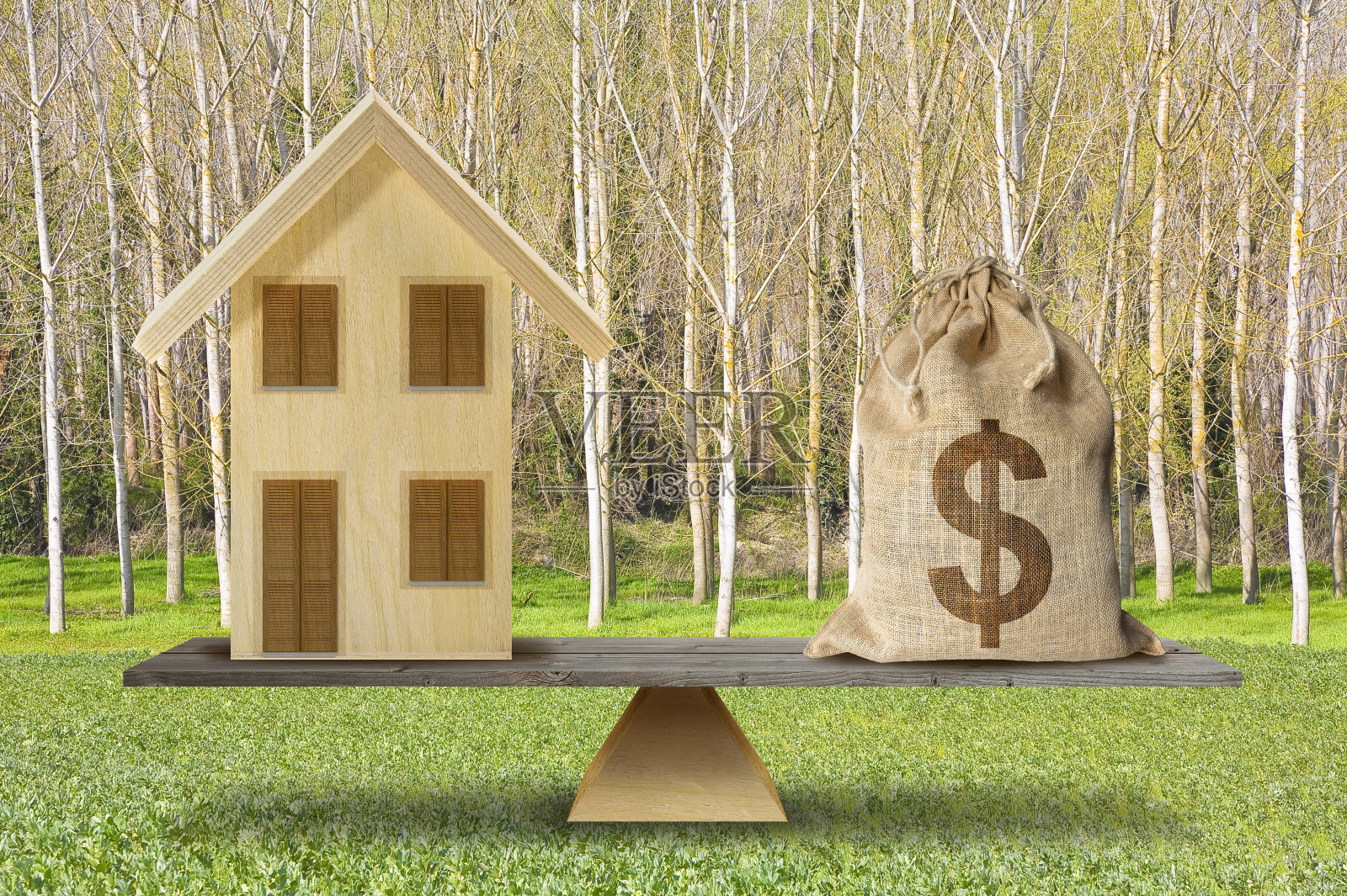 木结构房屋的成本是多少-房地产平衡概念与美元和木结构房屋模型-建筑活动和建筑行业成本照片摄影图片