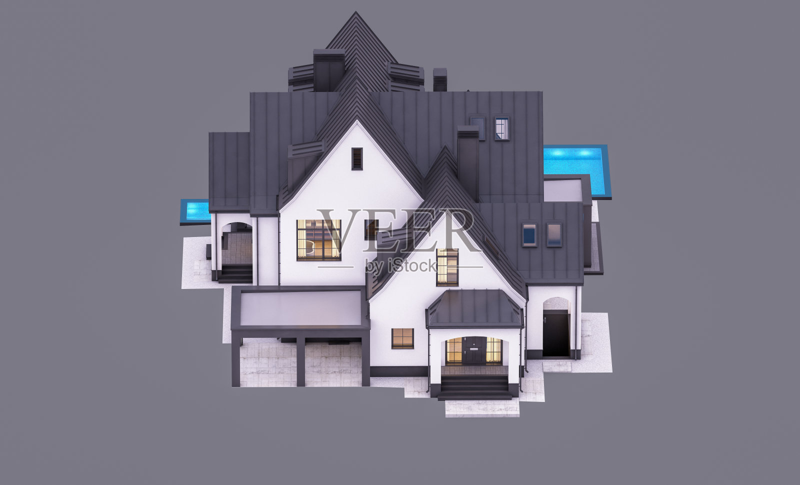 夜晚灰色背景下的黑白色现代都铎式房屋3D渲染照片摄影图片