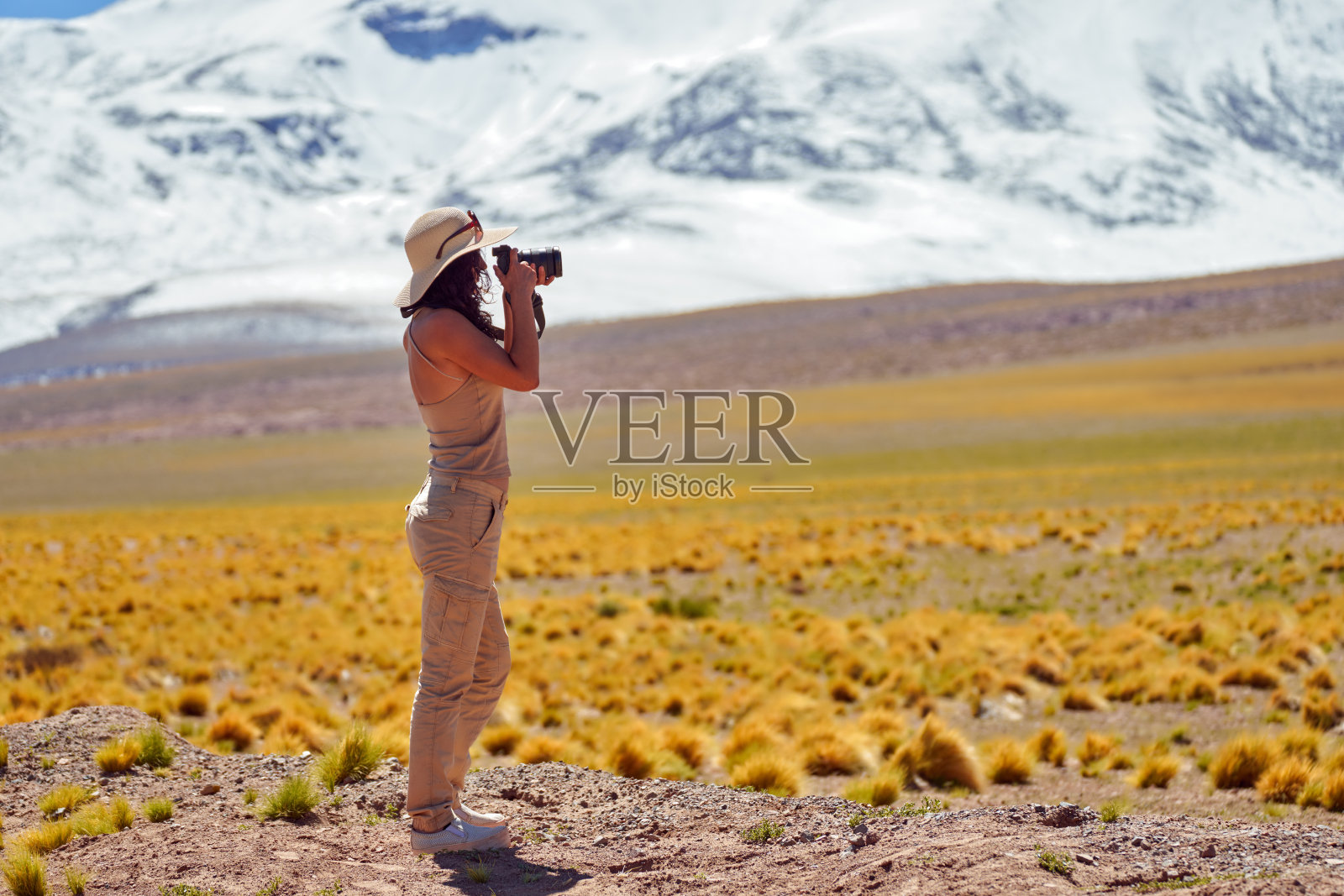 在圣佩德罗阿塔卡马安托法加斯塔地区的Los Flamencos国家保护区拍摄照片的女旅行者照片摄影图片