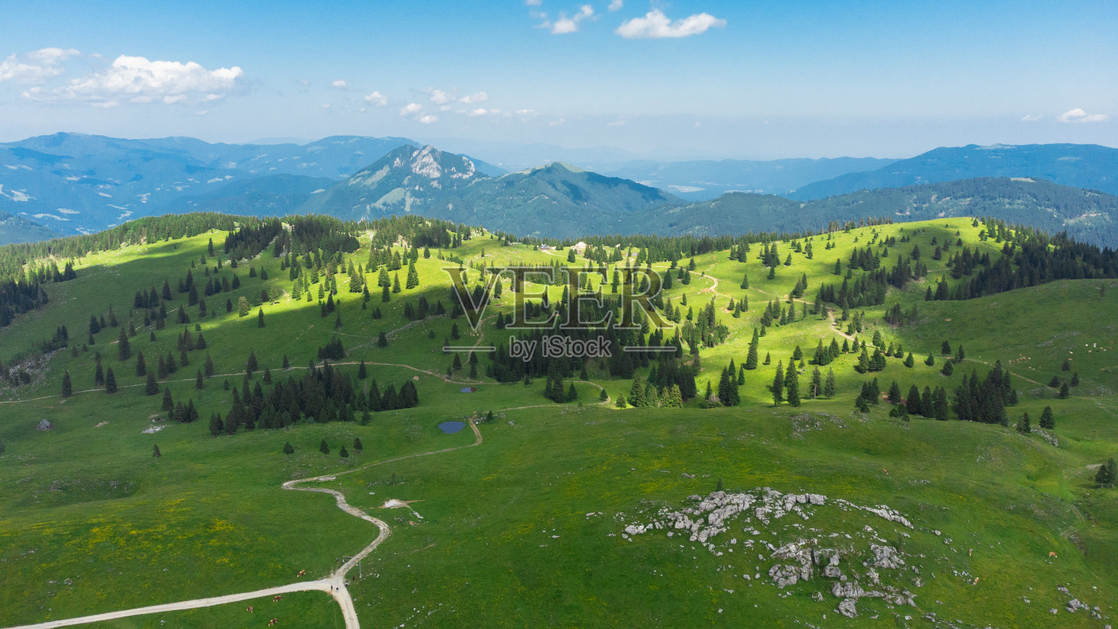 大草原高原，高山草甸景观，斯洛文尼亚的Velika Planina绿山上的山间小屋鸟瞰图照片摄影图片