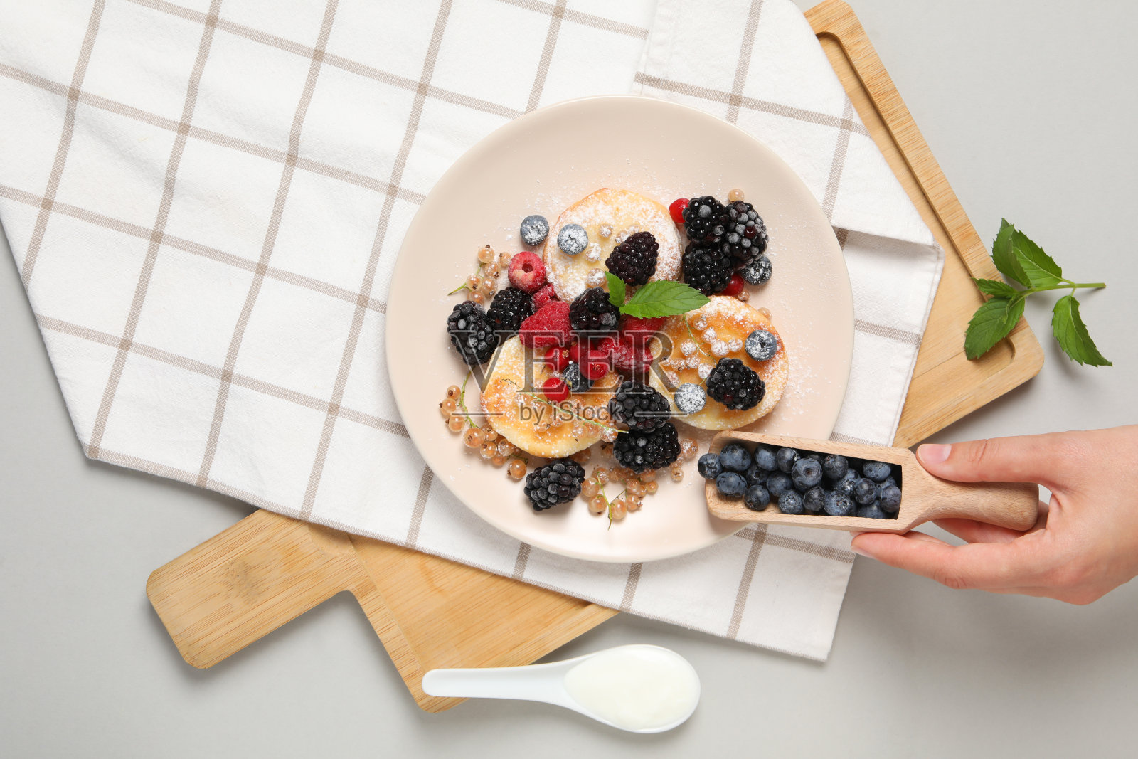 美味甜食的概念，奶酪煎饼，俯视图照片摄影图片