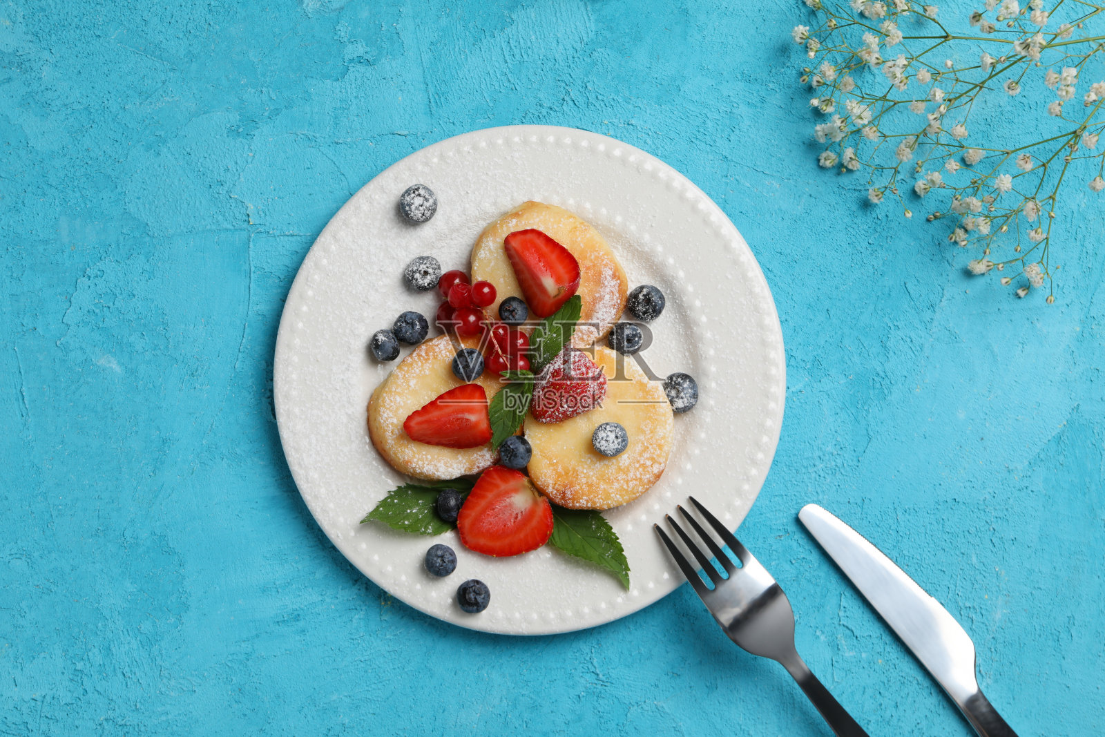 美味甜食的概念，奶酪煎饼，俯视图照片摄影图片
