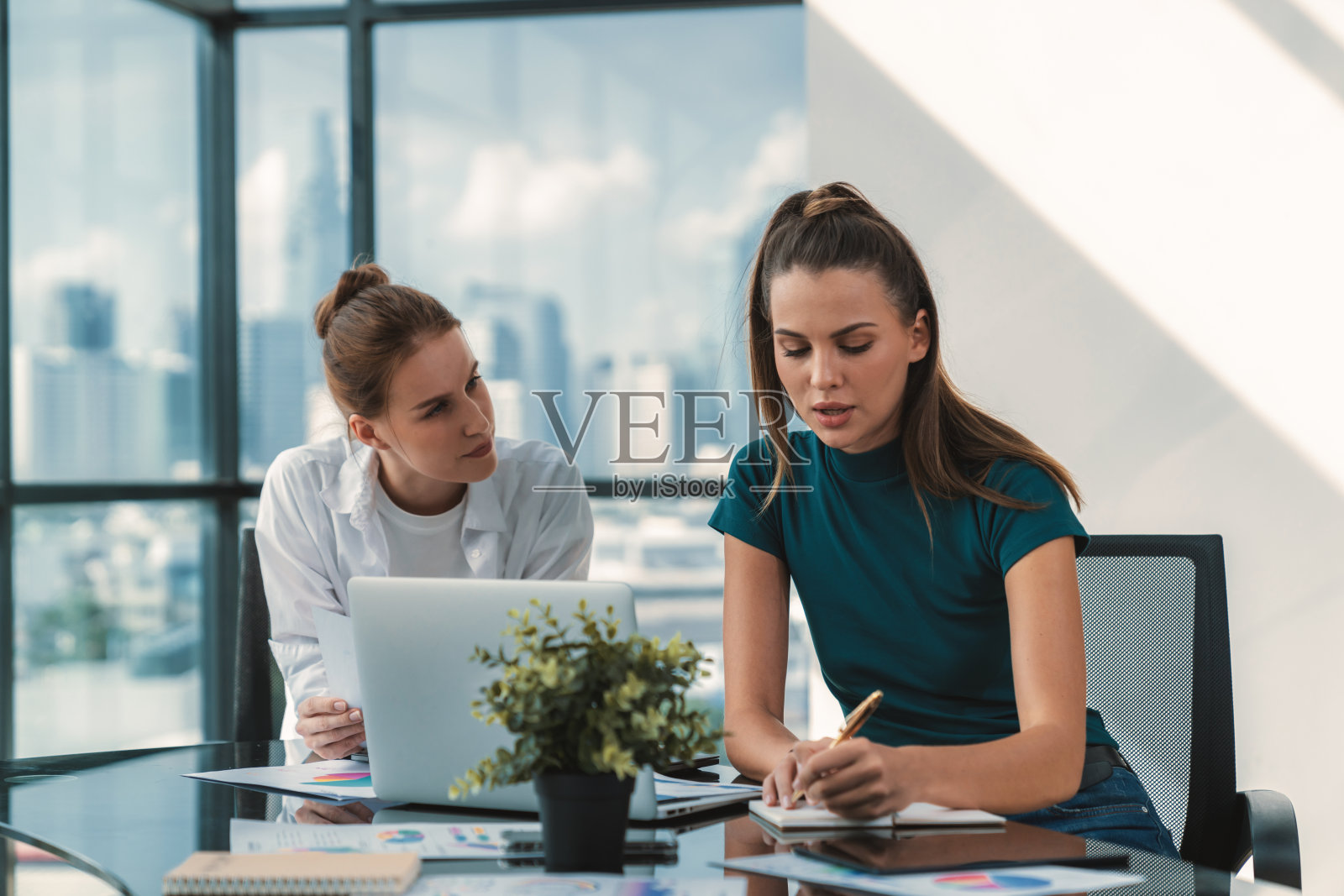 女商人利用统计资料讨论财务计划。窗饰。照片摄影图片