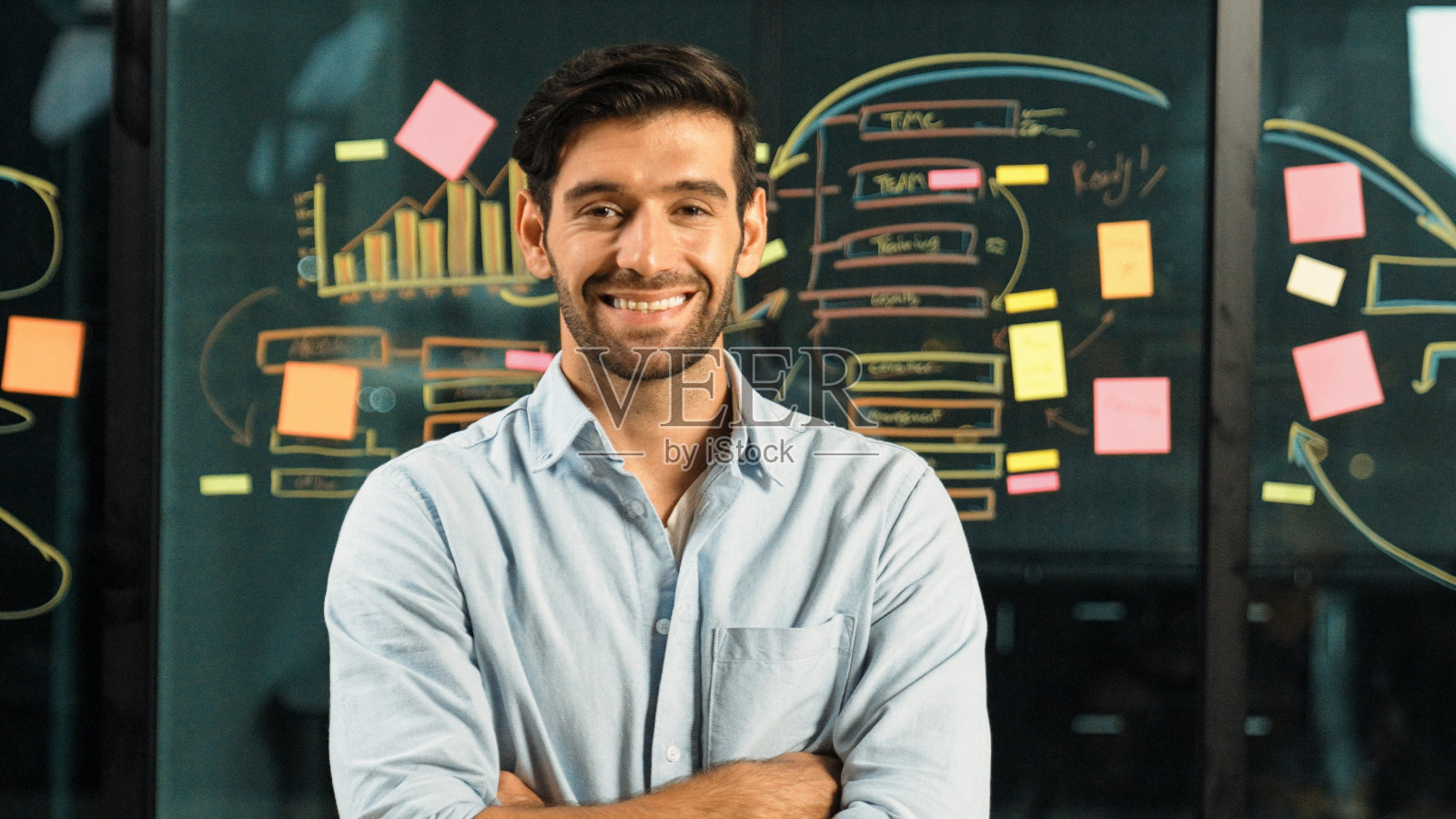 商人看着镜头，双臂交叉站在玻璃墙前。窗饰照片摄影图片