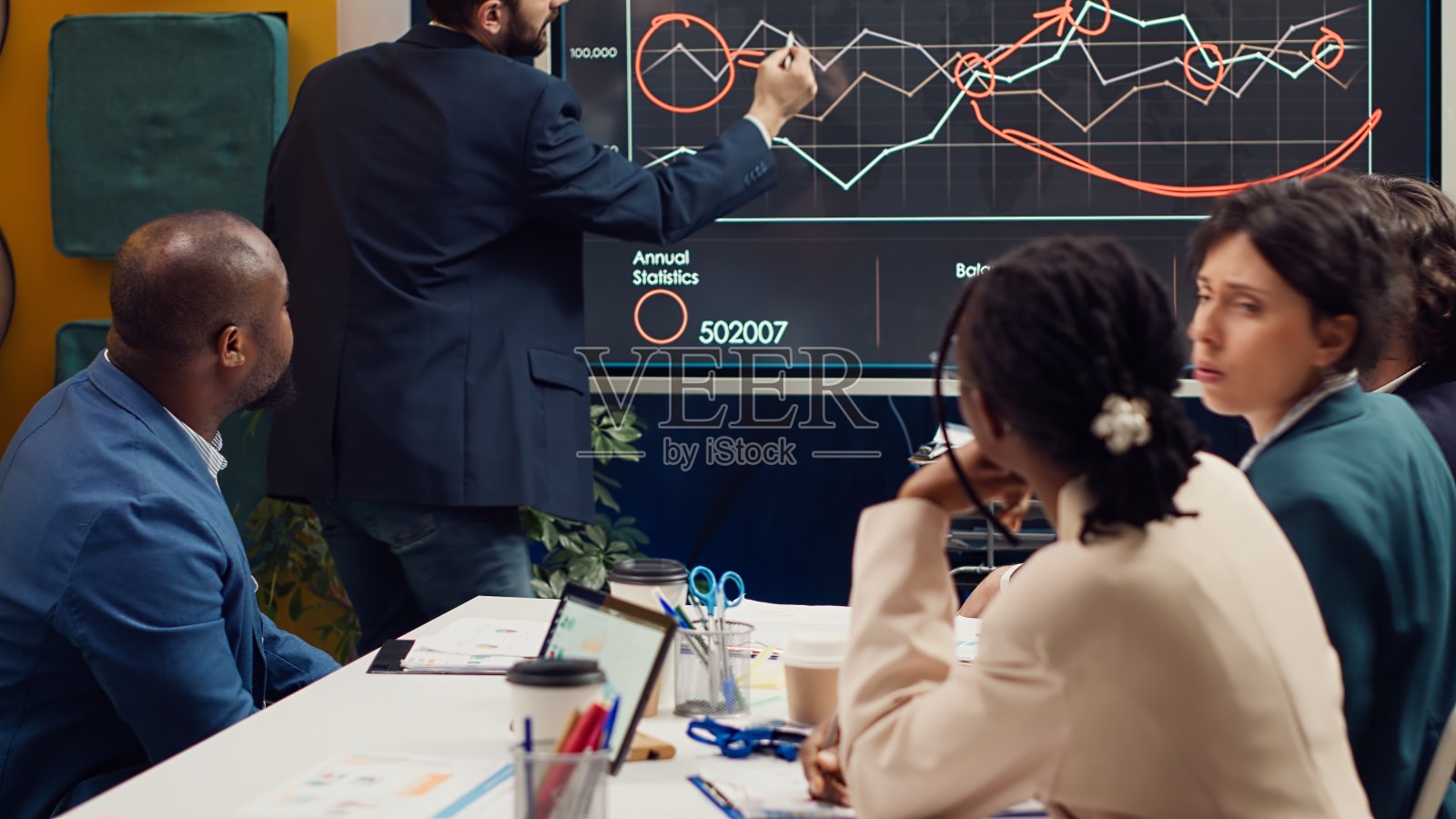 熟练的项目团队在简报会上回顾年度报告和市场趋势照片摄影图片