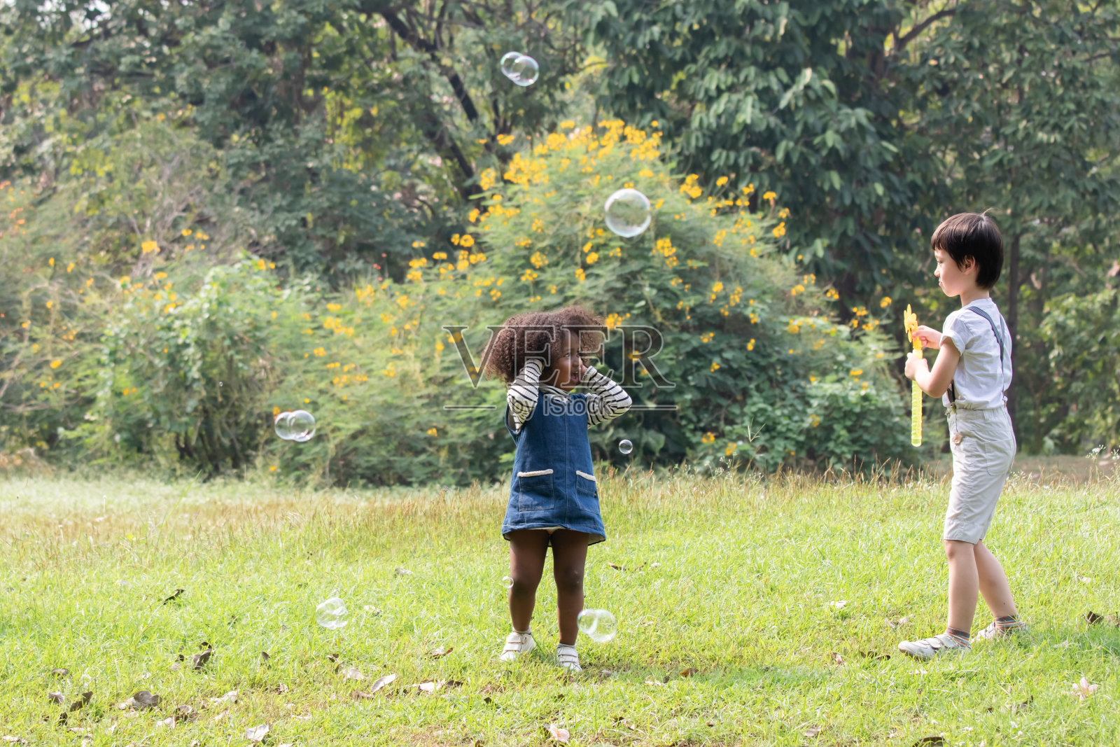 阳光明媚的日子里，孩子们在公园里一起玩户外活动，在花田的背景下快乐地创造肥皂泡;周末，一群无忧无虑的多民族朋友快乐地野餐照片摄影图片