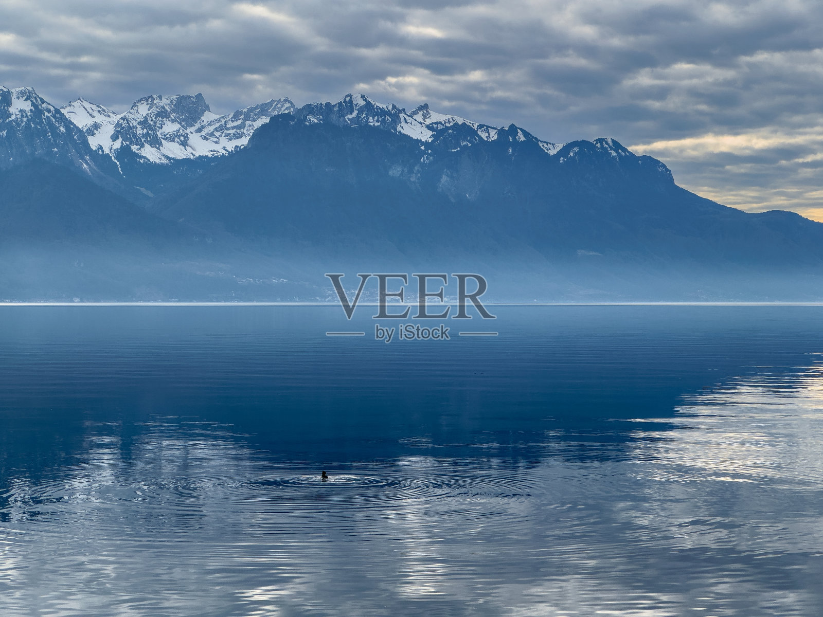 苏黎世湖与阿尔卑斯山脉的美景。照片摄影图片