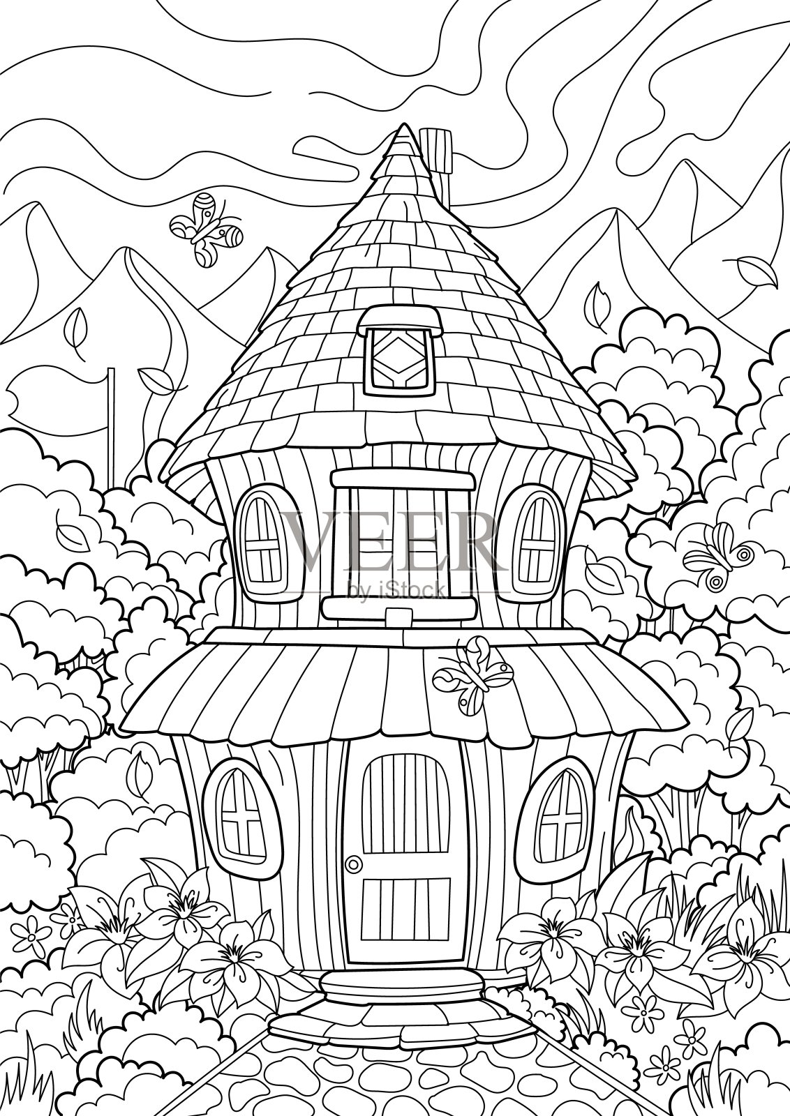 童话般的森林小屋。涂色页。风景。适合儿童和成人的抗压力涂色书。插图孤立在白色背景上。Zen-tangle风格。手绘。插画图片素材