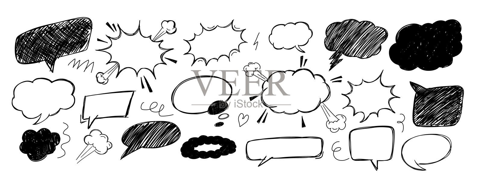 一套涂鸦喜剧演讲泡沫。钢笔涂料元件。插画图片素材