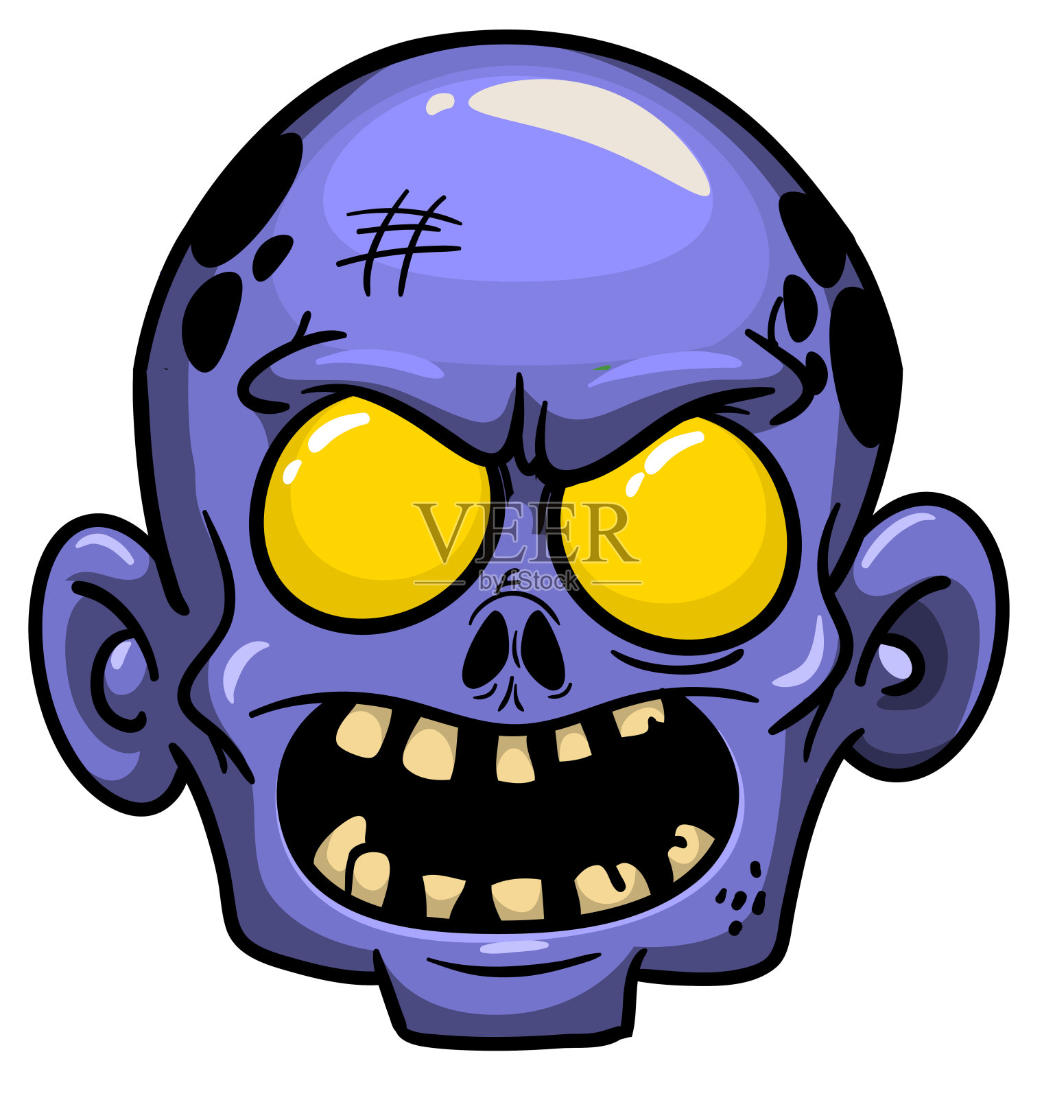 卡通有趣的绿色僵尸，脑袋外面有粉红色的大脑。万圣节矢量插图隔离插画图片素材