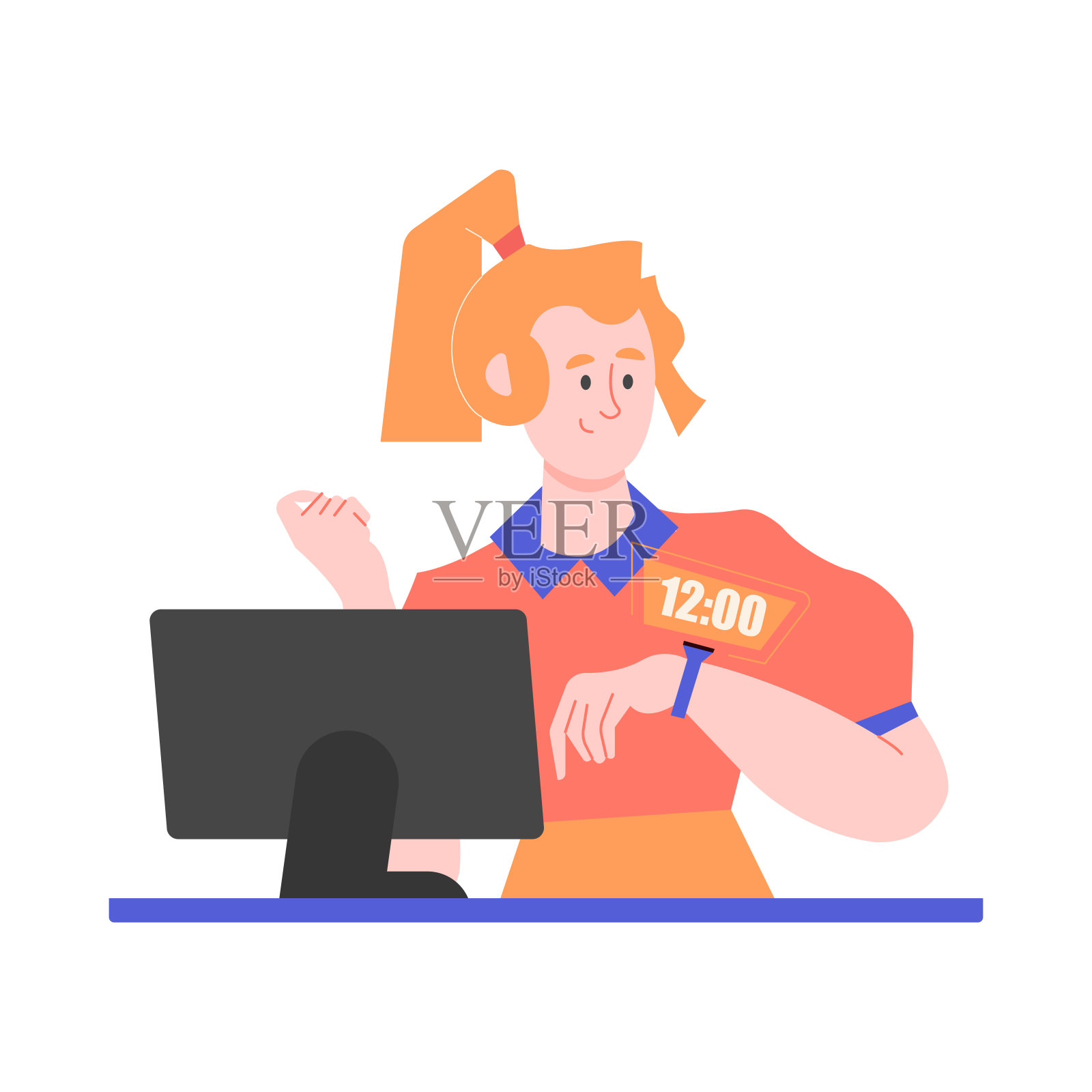 办公室女职员查看智能手表上的时间。插画图片素材