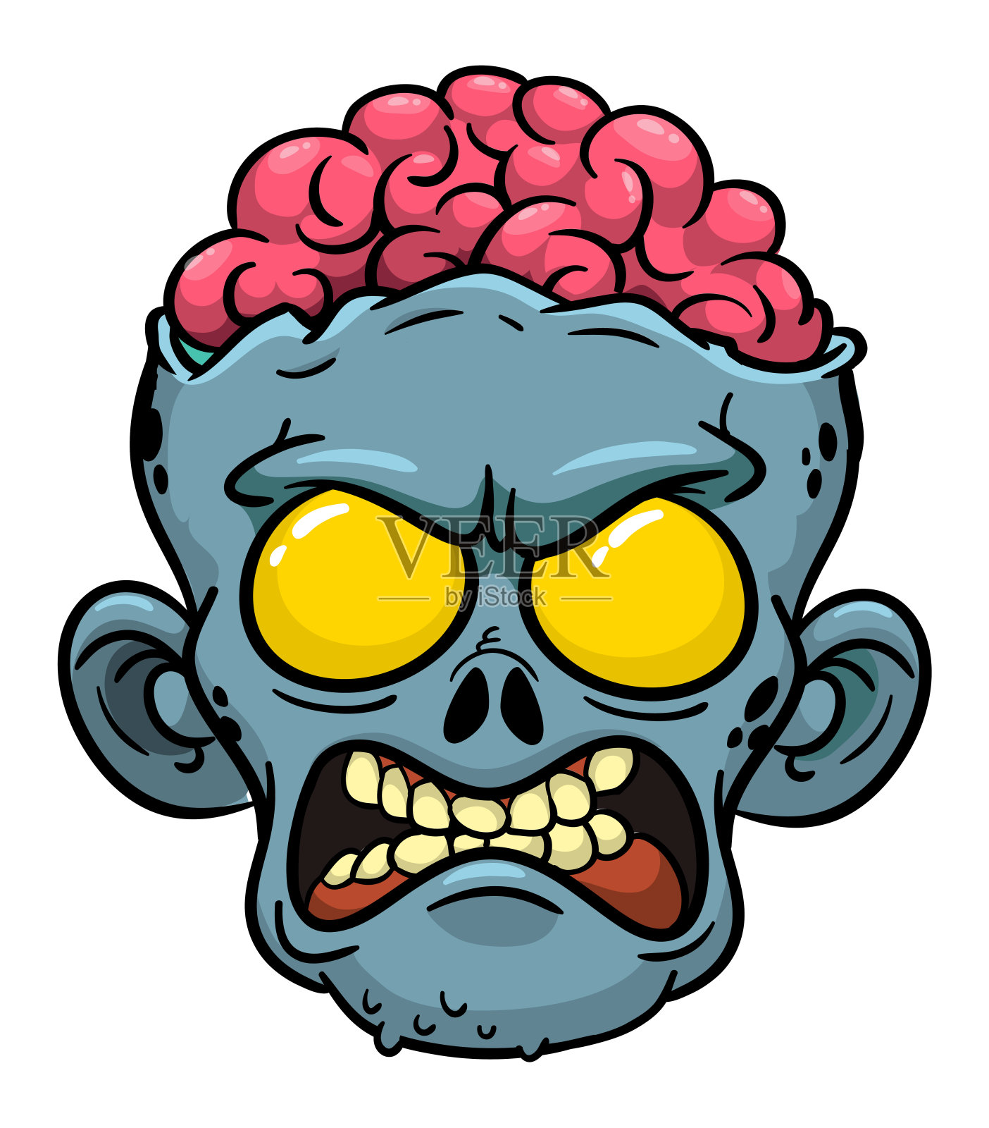 卡通有趣的绿色僵尸，脑袋外面有粉红色的大脑。万圣节矢量插图隔离插画图片素材