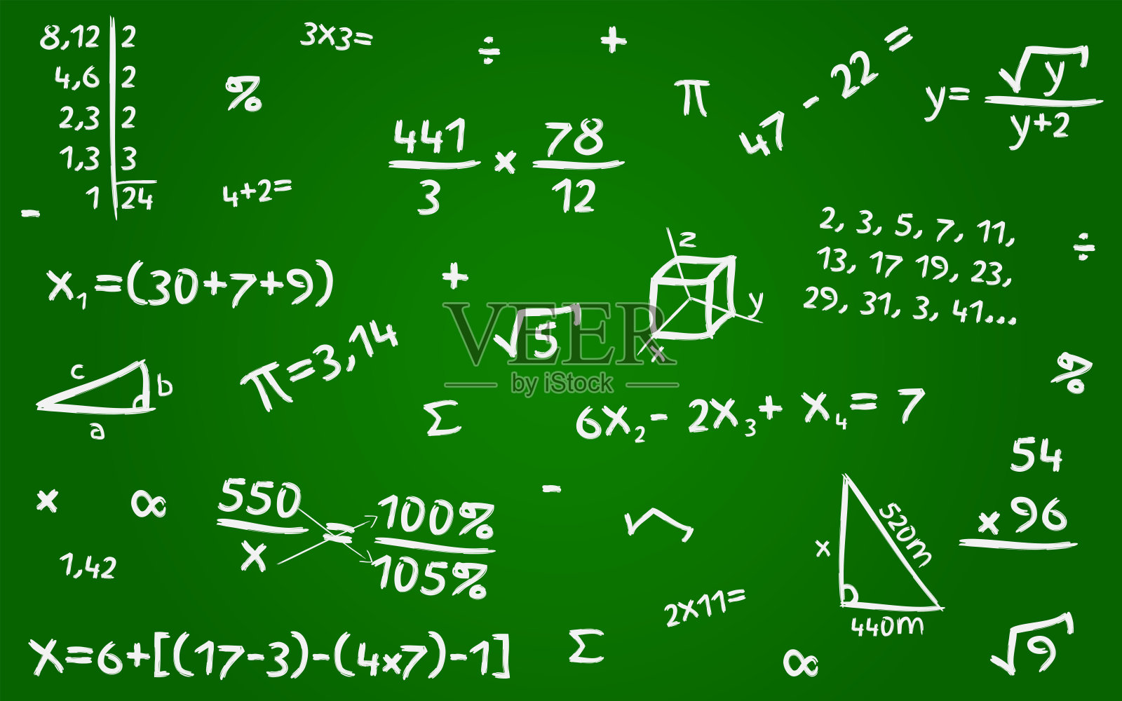 数学背景布局-学校绿色黑板与数学帐户。插画图片素材