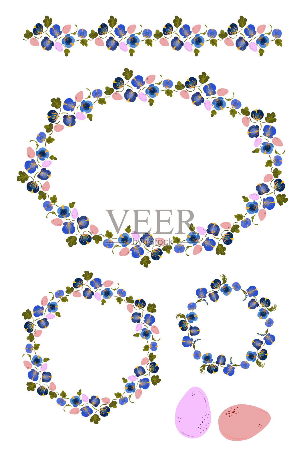 矢量集框架和边界，风格化的民间艺术花和叶，春天的图案，复活节装饰，装饰元素，花环插画图片素材