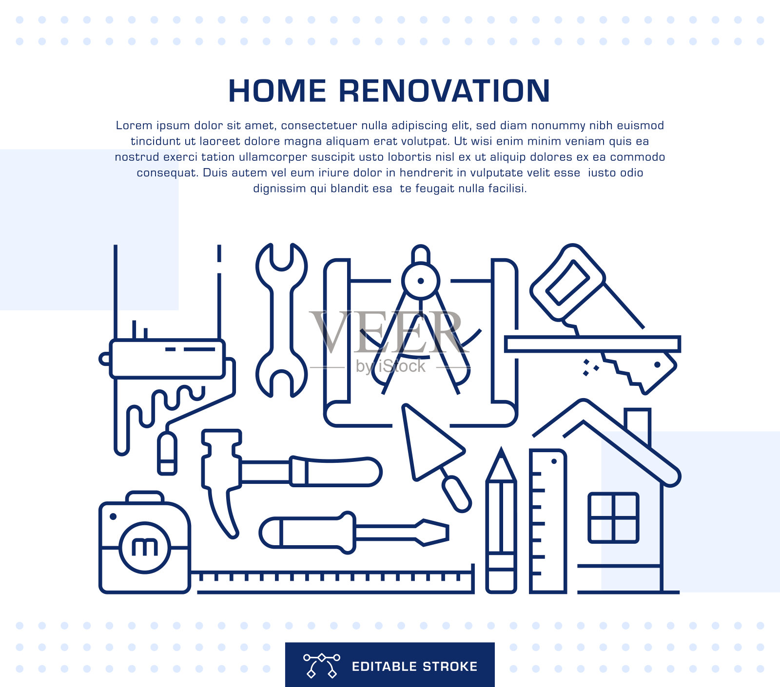 家庭装修概念头，网页横幅模板。可编辑的细线插图插画图片素材