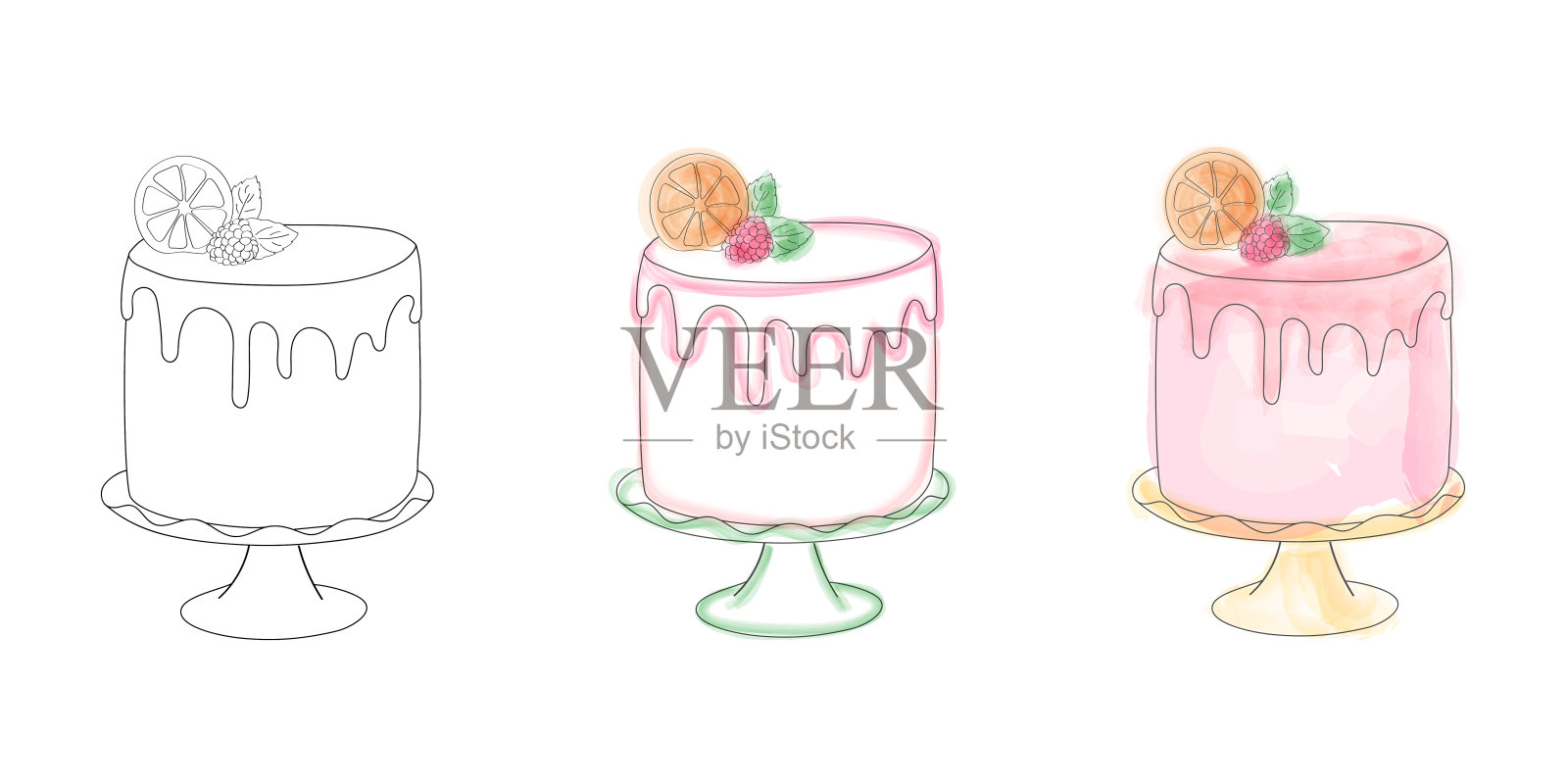 三种不同浇头的蛋糕插画图片素材