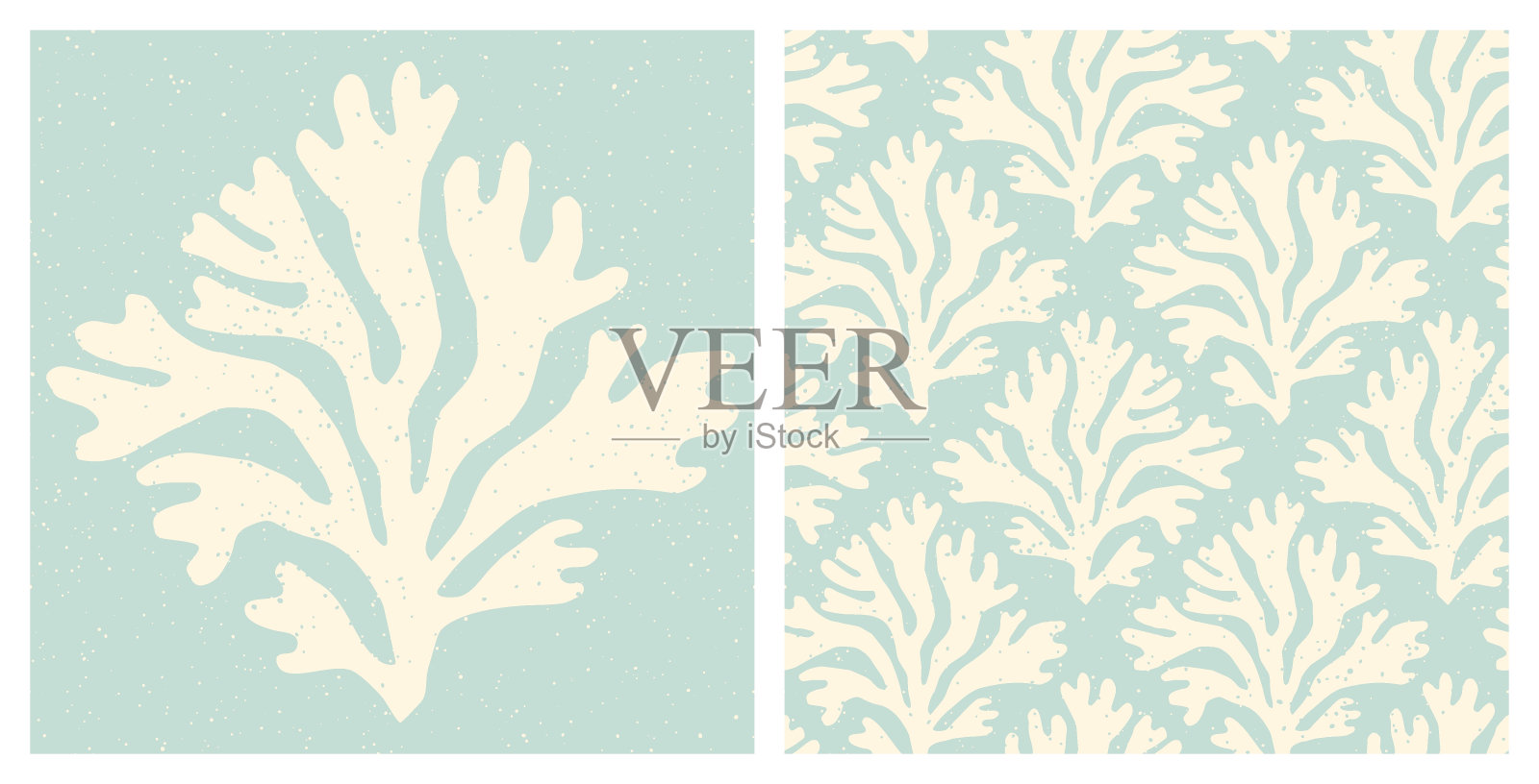 柔和的珊瑚礁无缝图案。水下海洋生物柔和的蓝色纹理复古暑假无缝背景。插画图片素材