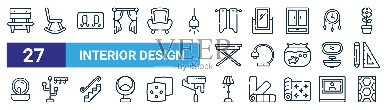 一套27个大纲网页室内设计图标，如长凳，摇椅，机架，镜子，台灯，衣架，落地灯，瓷砖矢量细线图标的网页设计，移动应用程序。插画图片素材