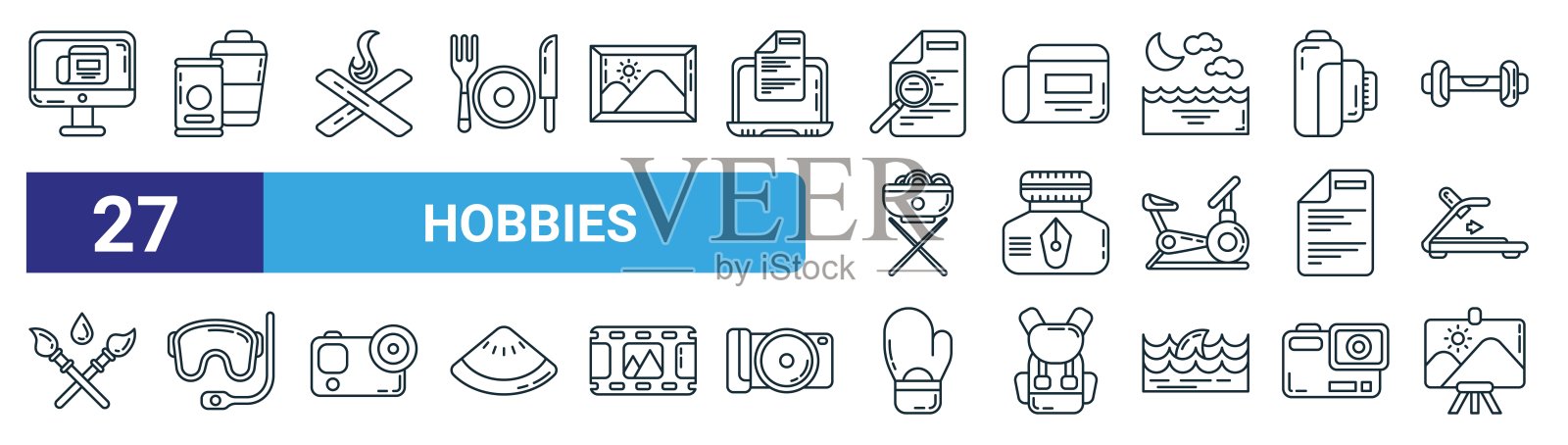 一组27概述web爱好图标，如新闻，饮料，篝火，新闻，墨水瓶，潜水镜，拳击手套，景观矢量细线图标的网页设计，移动应用程序。插画图片素材
