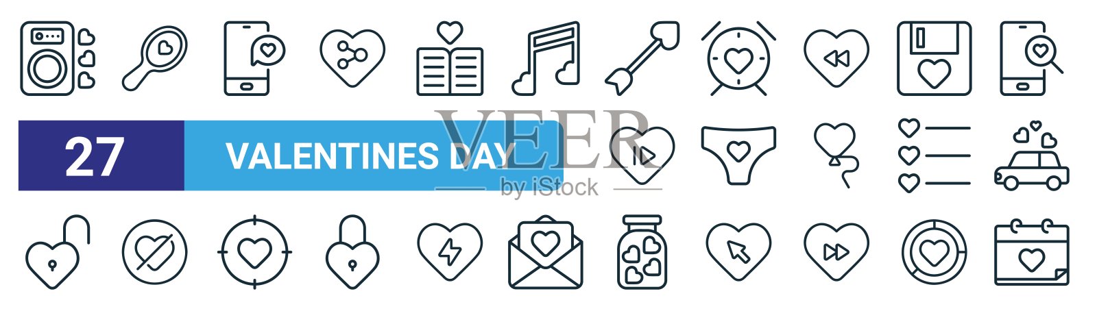 一套27个轮廓网络情人节图标，如扬声器，手镜，爱的信息，闹钟，内衣，没有爱，罐子，情人节矢量细线图标的网页设计，移动应用程序。插画图片素材