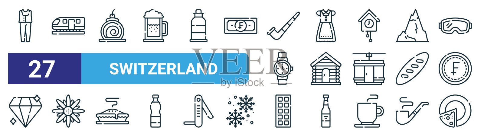 一套27个轮廓网络瑞士图标，如服装，火车，瑞士卷，连衣裙，木屋，雪绒花，巧克力，奶酪矢量细线图标的网页设计，移动应用程序。插画图片素材
