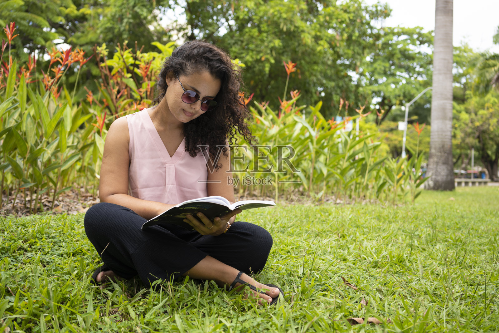 在公园看书的女人照片摄影图片