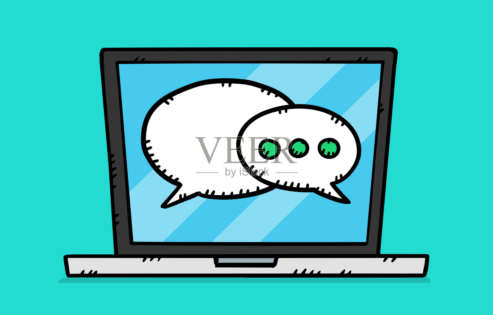 素描风格的涂鸦插图的笔记本电脑与屏幕上说话的泡泡。漫画风格的谈话泡泡。手绘向量。插画图片素材