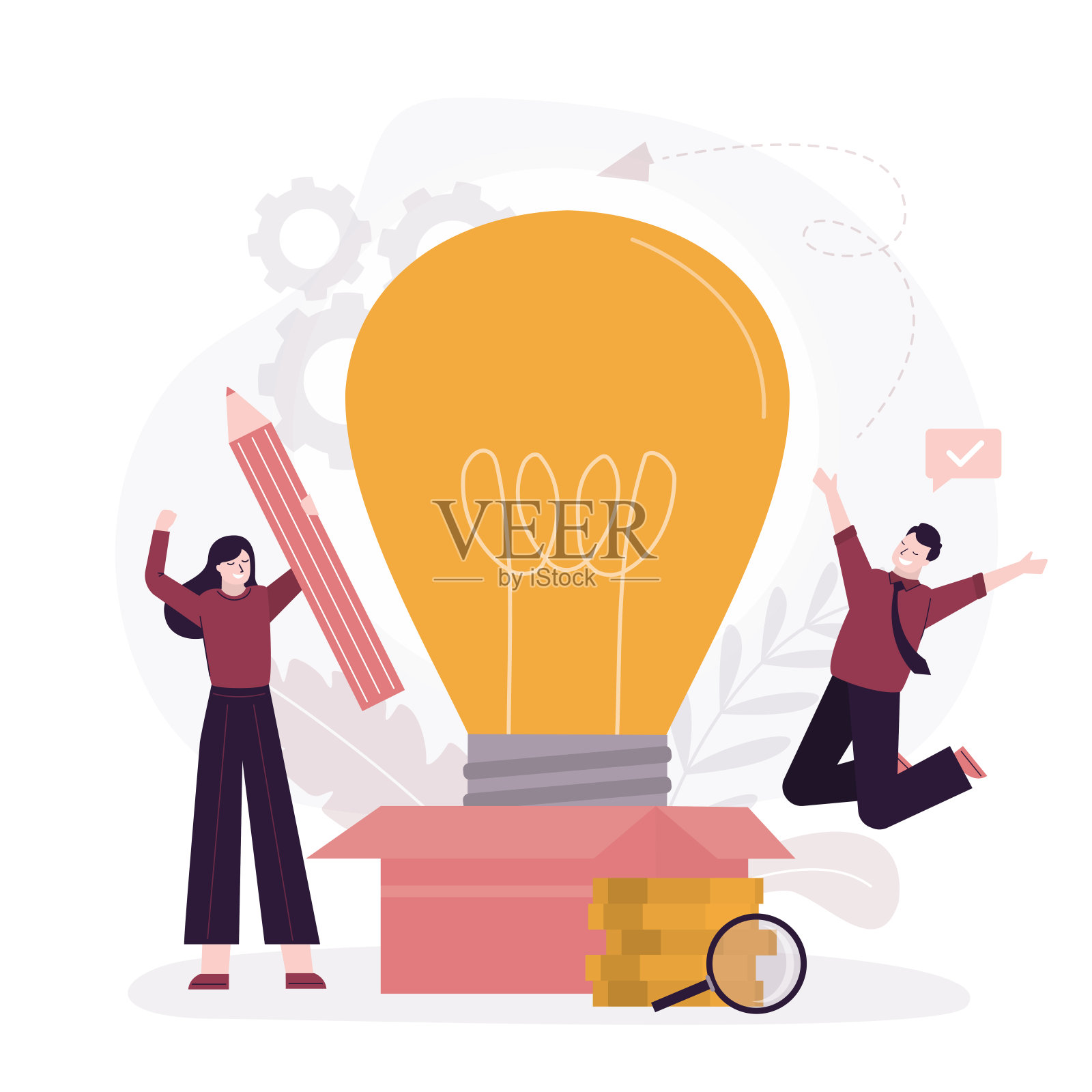 商务人士拿着电灯泡站在盒子附近，寻找概念的创意。创新思路和新项目。头脑风暴，提出想法。团队合作。插画图片素材