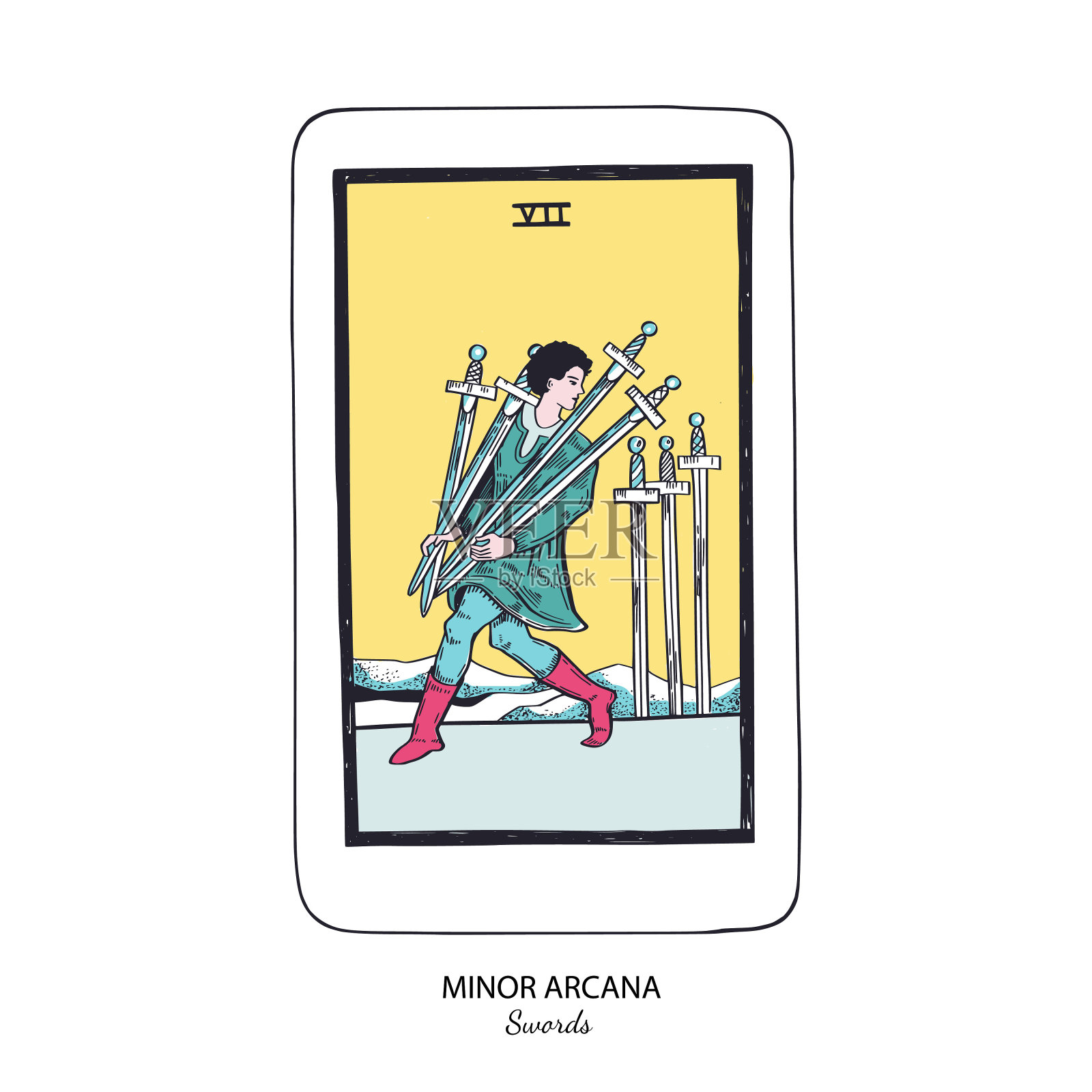 塔罗牌矢量甲板。小奥秘剑。神秘神秘的精神塔罗牌。孤立的彩色手绘插图插画图片素材