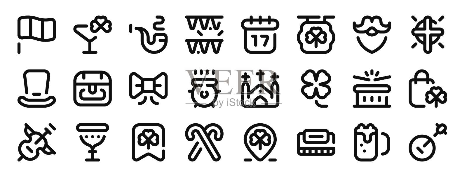 一套24个大纲网页圣帕特里克节图标，如旗帜，鸡尾酒，烟斗，三角旗，圣帕特里克节，酒吧，胡子矢量图标的报告，演示，图表，网页设计，移动应用程序插画图片素材