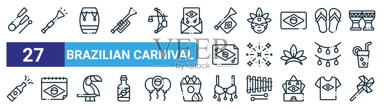 一套27个大纲网络巴西狂欢节图标，如阿戈戈，呜呜祖拉，鼓，巴西，烟花，日历，胸罩，风车矢量细线图标的网页设计，移动应用程序。插画图片素材