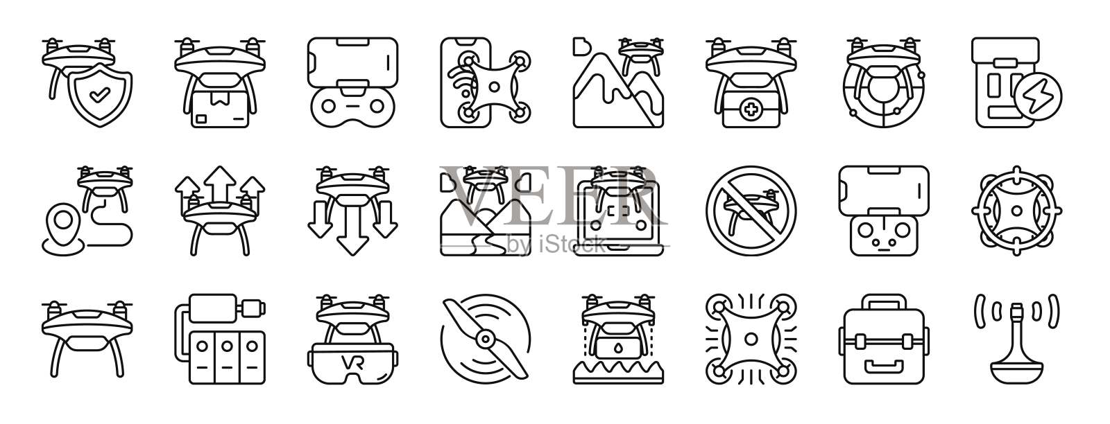 一套24个大纲web无人机图标，如保修，交付，远程控制，智能手机，飞行，医疗，雷达矢量图标的报告，演示，图表，网页设计，移动应用程序插画图片素材