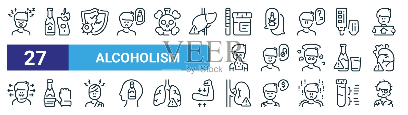 一套27个概述网络酗酒图标，如疲劳，瓶子，破盾，聊天，排毒，成瘾，肾脏，战斗矢量细线图标的网页设计，移动应用程序。插画图片素材