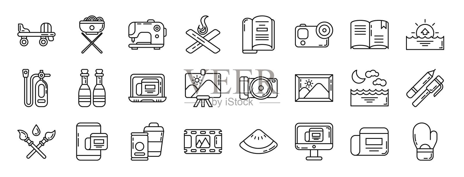 一套24概述网络爱好图标，如轮滑，面条，缝纫线，篝火，书，相机，书矢量图标的报告，演示，图表，网页设计，移动应用程序插画图片素材