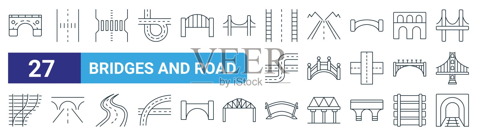 一组27个轮廓网络桥梁和道路图标，如桥梁，道路，道路，桥梁，隧道，桥梁，铁路矢量细线图标的网页设计，移动应用程序。插画图片素材
