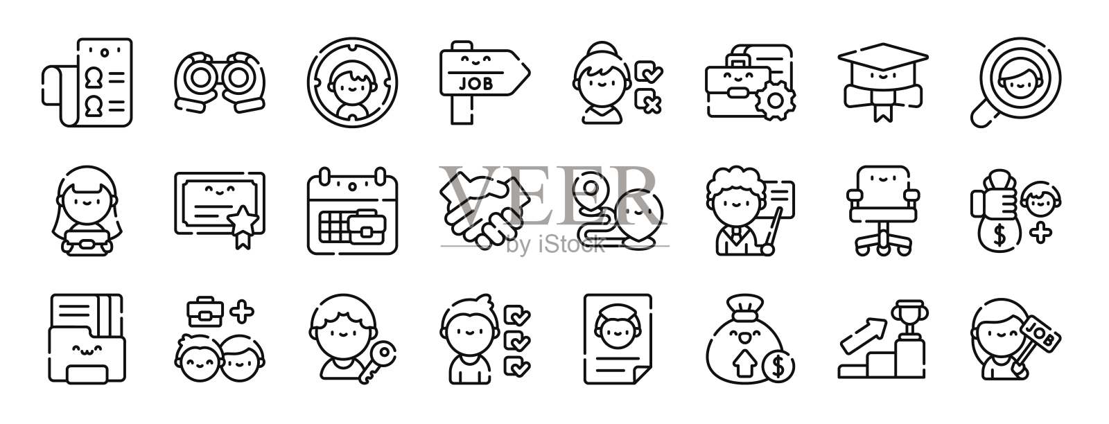 一组24个大纲网络猎头图标，如列表，搜索，目标，工作，参数，投资组合，文凭矢量图标的报告，演示文稿，图表，网页设计，移动应用程序插画图片素材