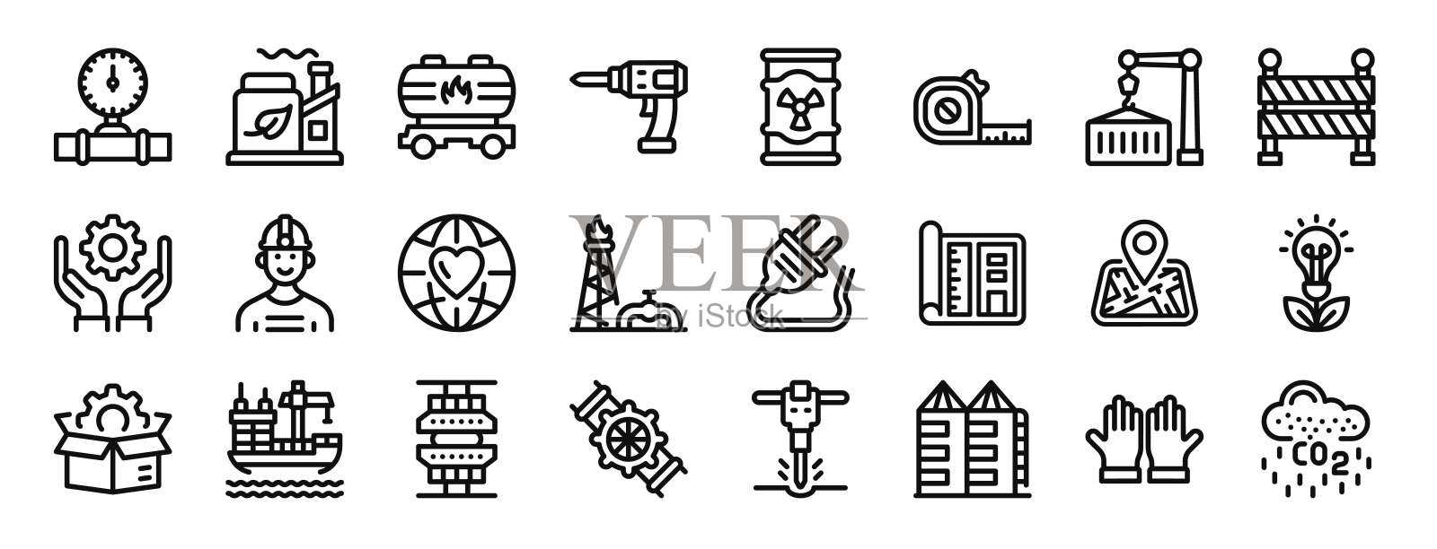 一套24个概述web工业图标，如阀门，工业，石油卡车，钻机，放射性，卷尺，提升矢量图标的报告，演示，图表，网页设计，移动应用程序插画图片素材