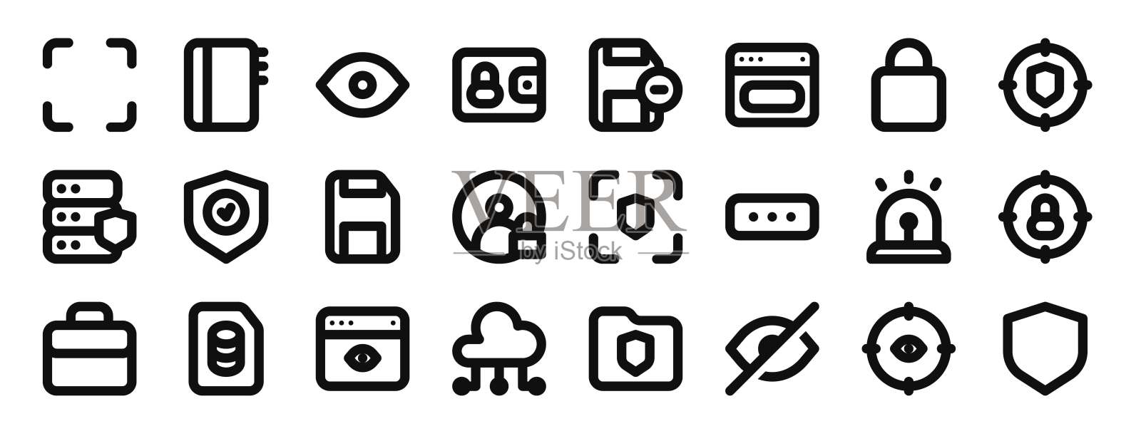 一套24概述网络安全和保护图标，如扫描，笔记本，眼睛密码，钱包，删除，网络，挂锁矢量图标的报告，演示文稿，图表，网页设计，移动应用程序插画图片素材