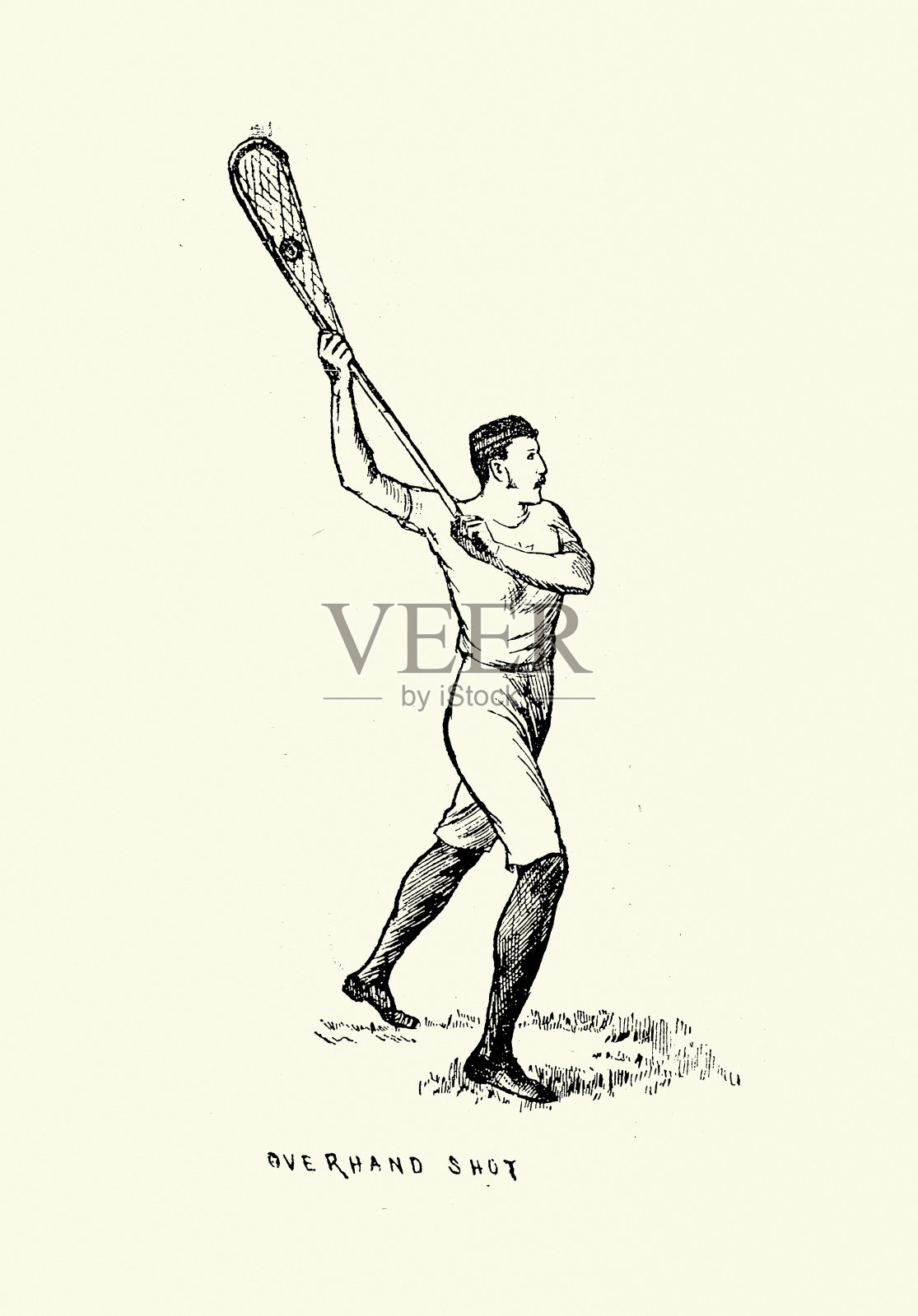 长曲棍球运动员，表演上手击球，体育，19世纪维多利亚插画图片素材
