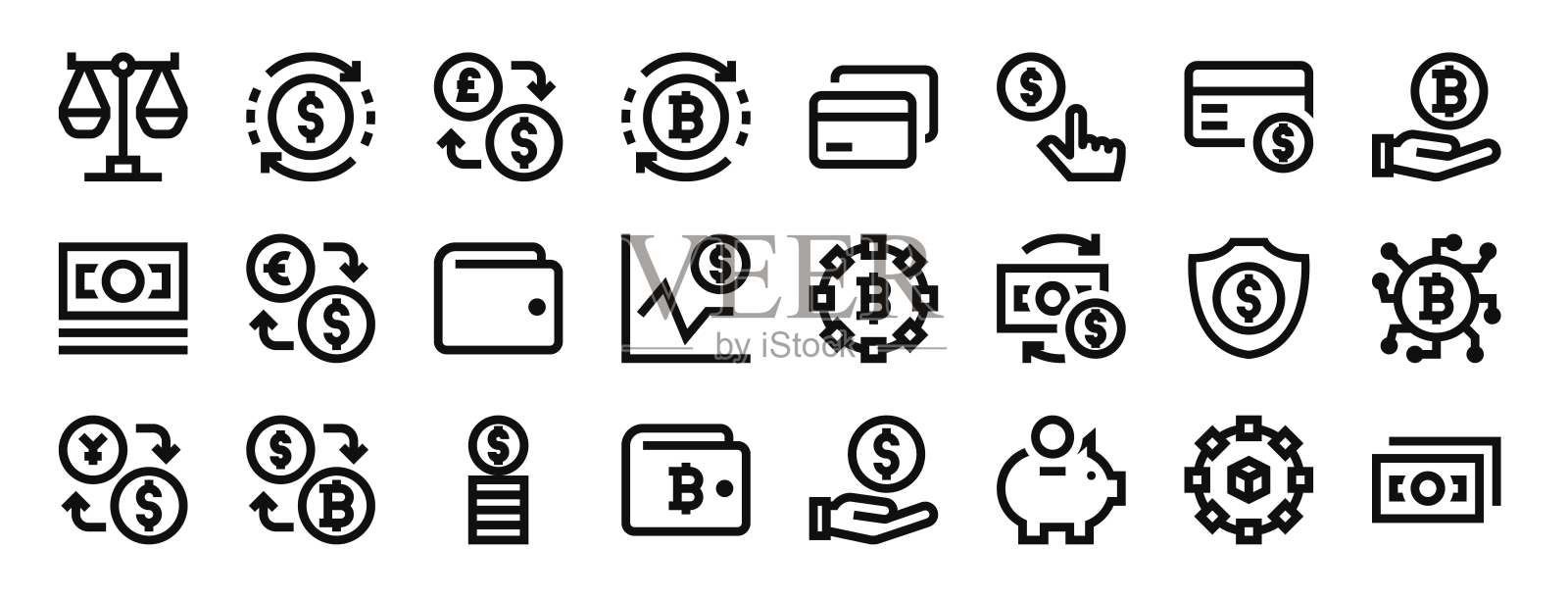 一套24概述网络货币和货币图标，如余额，货币兑换，货币兑换，比特币，信用卡，信用卡矢量图标的报告，演示，图表，网页设计，移动插画图片素材