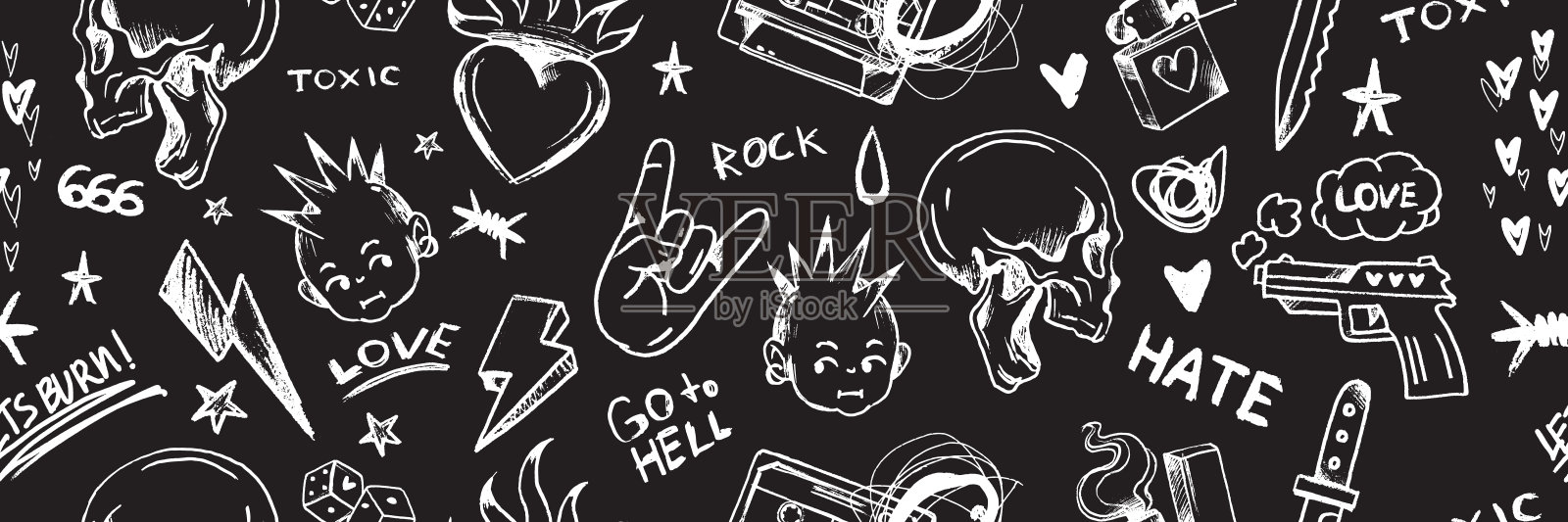 垃圾摇滚无缝图案，矢量朋克音乐素描纹理，千禧年哥特黑暗装饰印花。插画图片素材