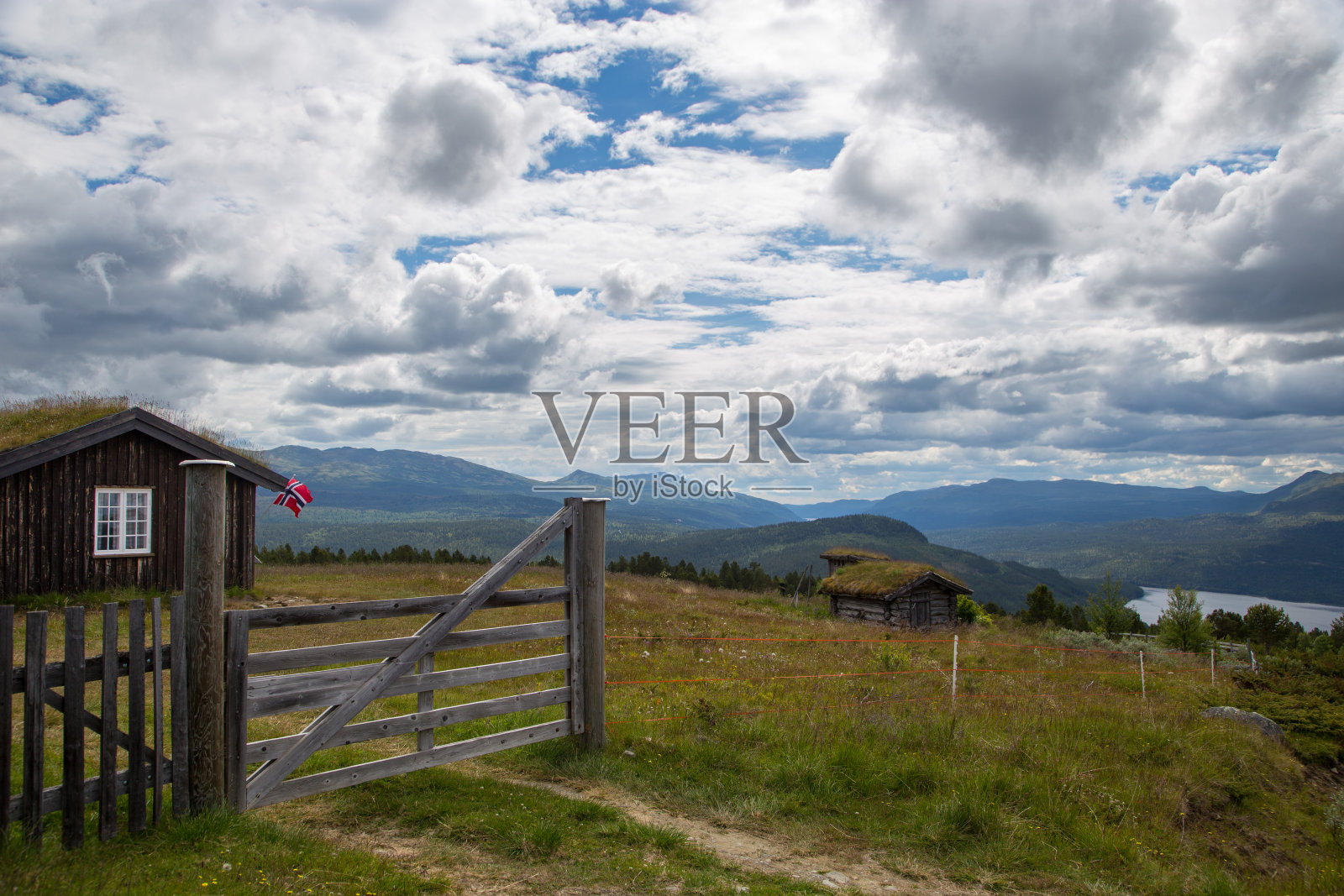 这是典型的挪威景观，前景是天鹅和篱笆，多云的天空下可以看到山脉和湖泊照片摄影图片