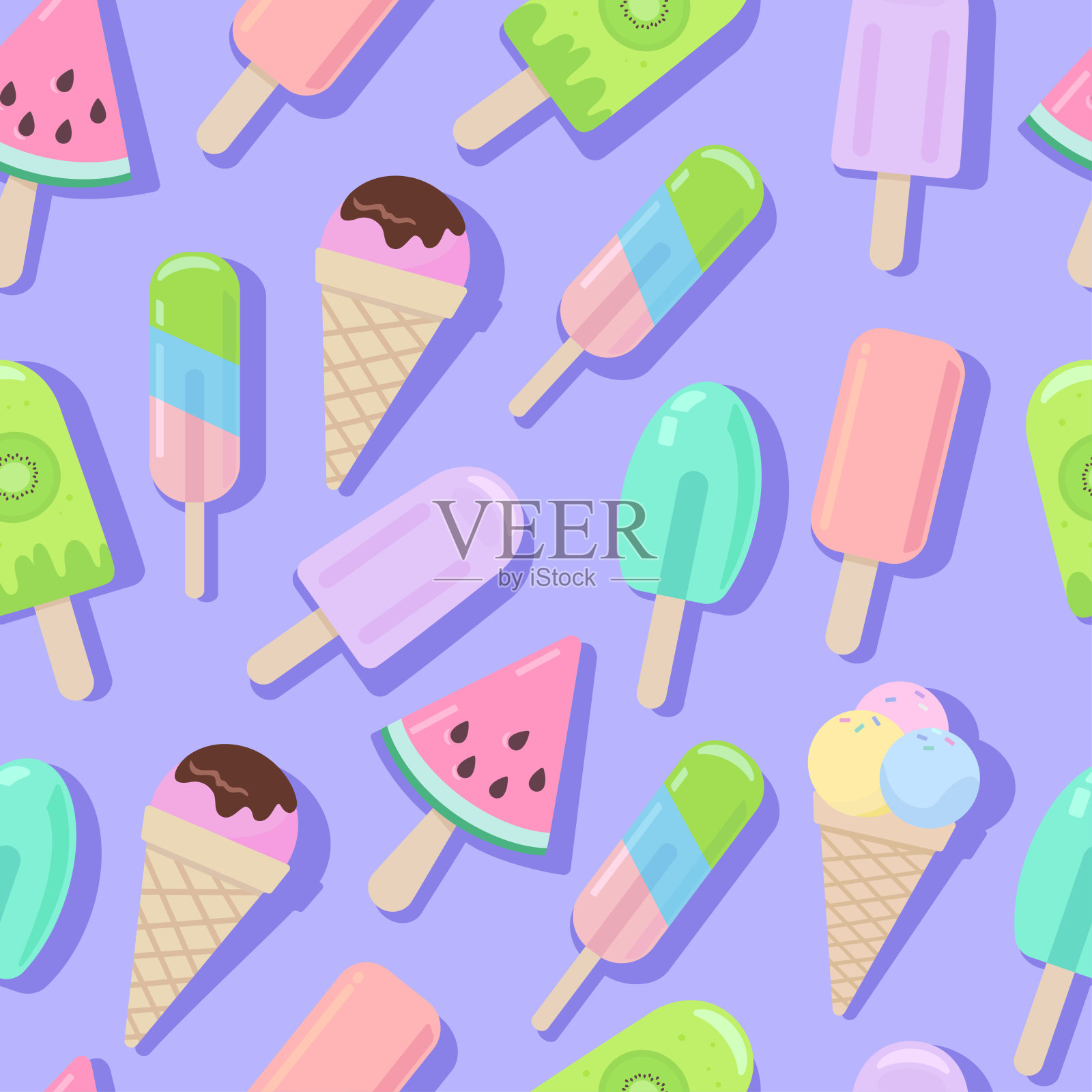 冰淇淋，矢量卡通无缝图案柔和柔和的颜色插画图片素材