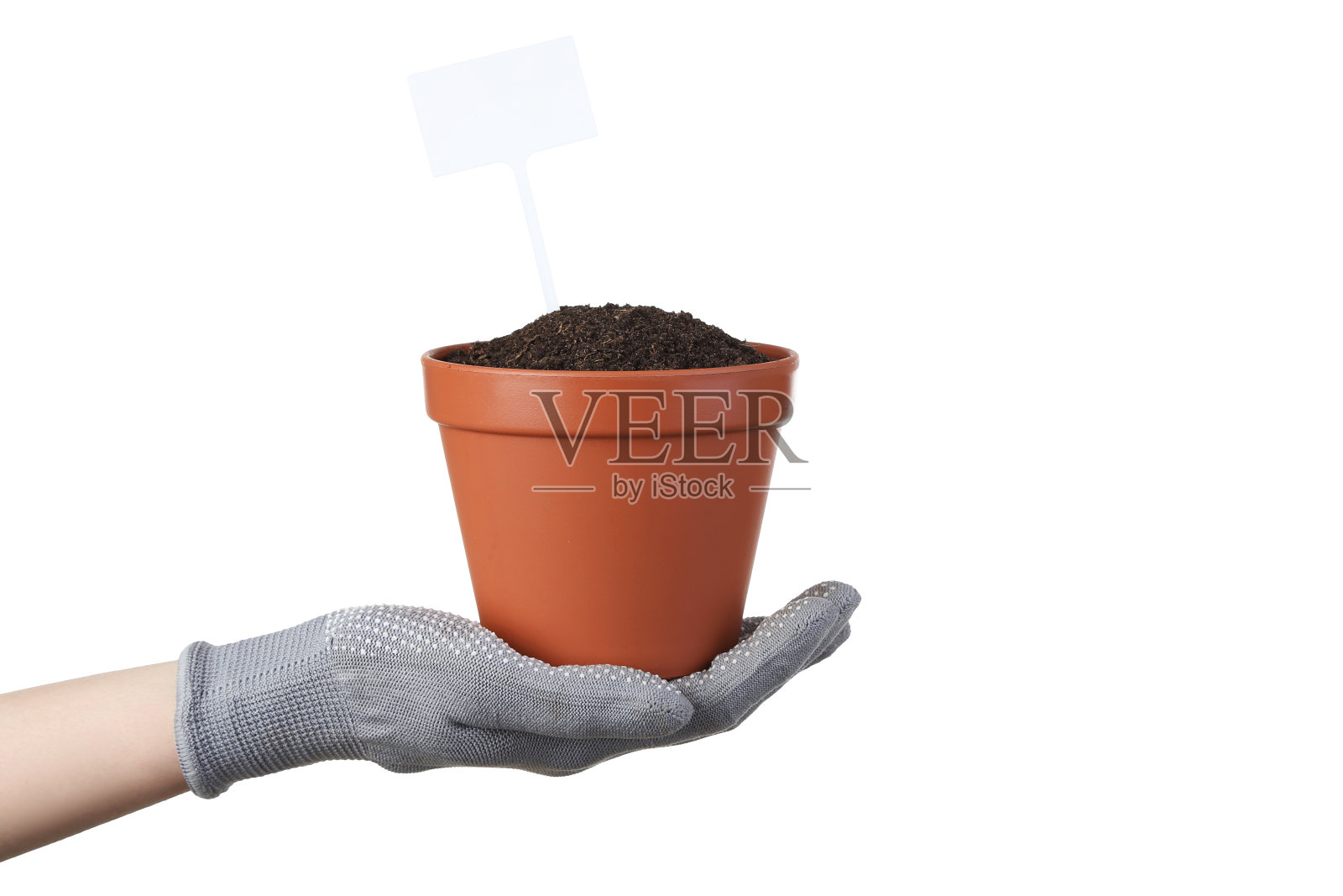 手持棕色花盆与地面在白色背景照片摄影图片